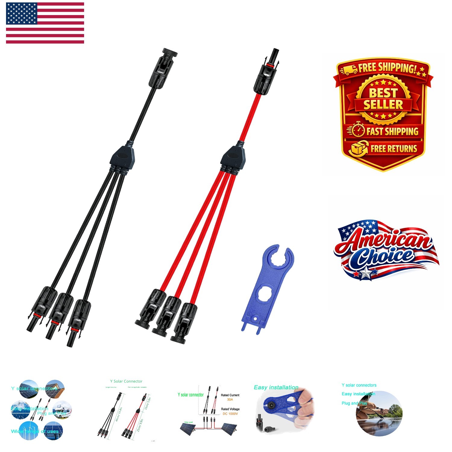 10AWG Solar Y Branch Connector – 1 to 3 Adapter, Waterproof , Quick Connect