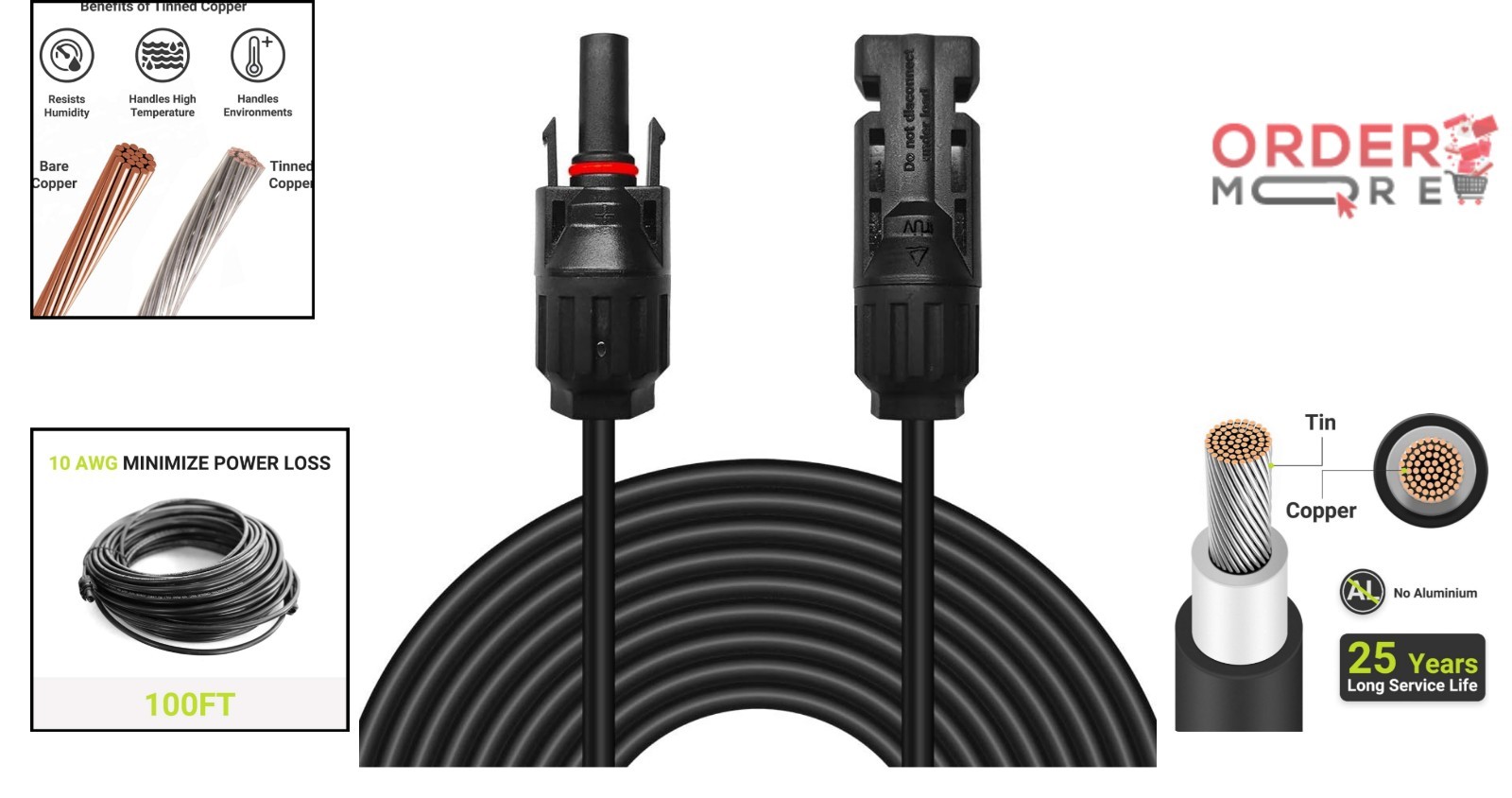 Solar Extension Cable 10AWG Black 100ft Weatherproof for PV Outdoor Use