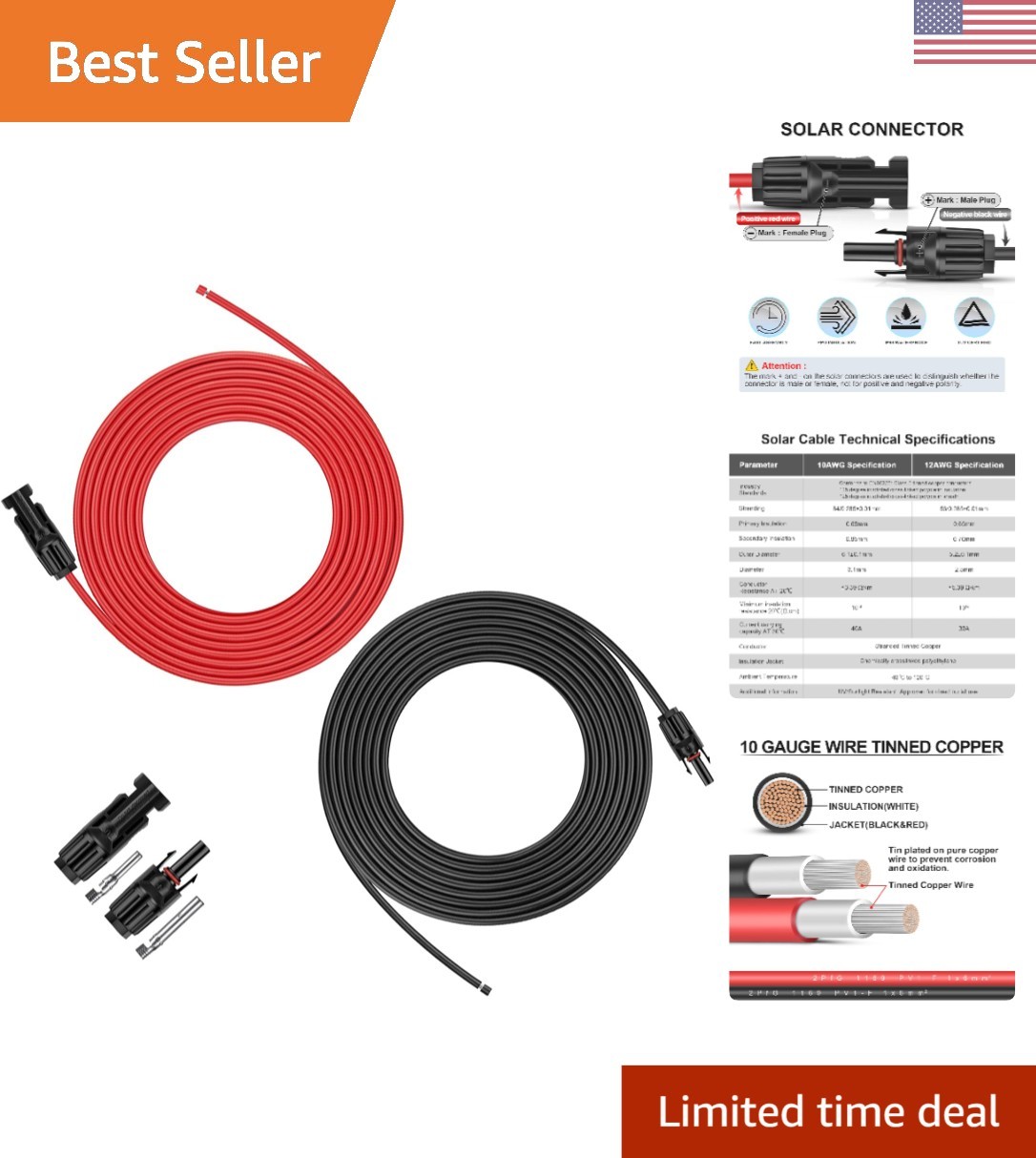 High-Performance 20ft 10AWG Solar Panel Extension Cable – Copper & Waterproof