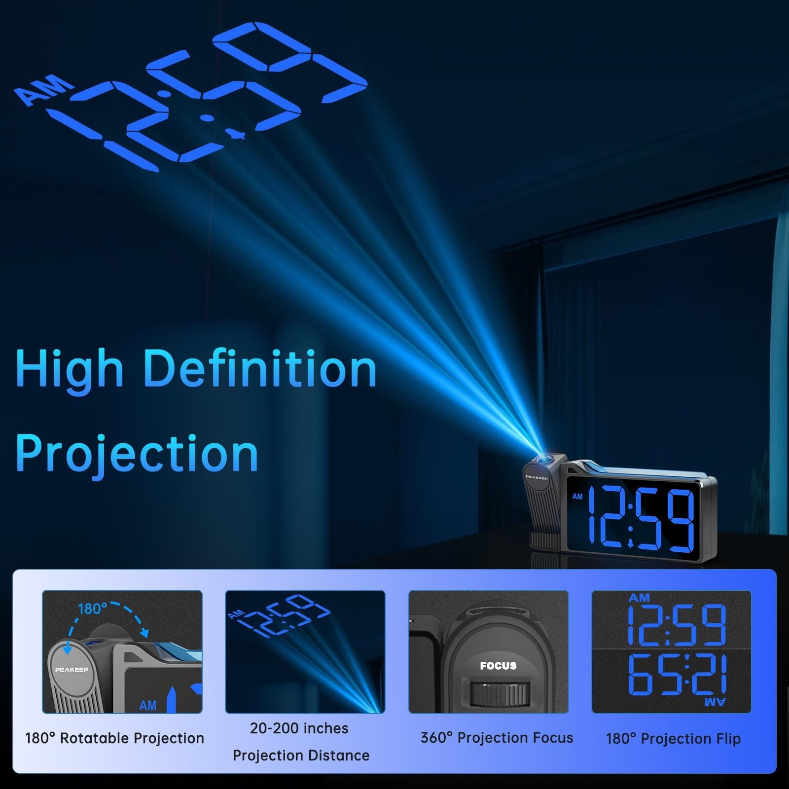 Peakeep Projection Alarm Clock for Bedroom Ceiling 180° Rotatable, Loud for
