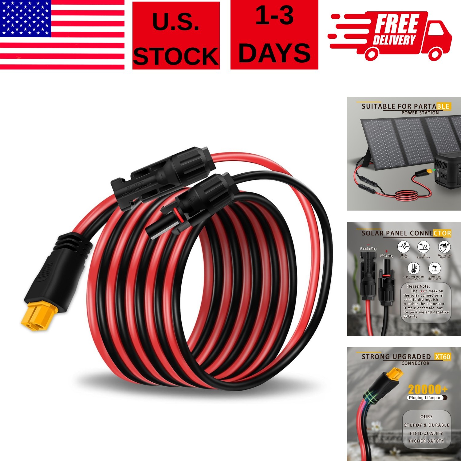 10ft Solar Panel Cable for Ecoflow Anker SOLIX 12AWG for MC-4 to XT60