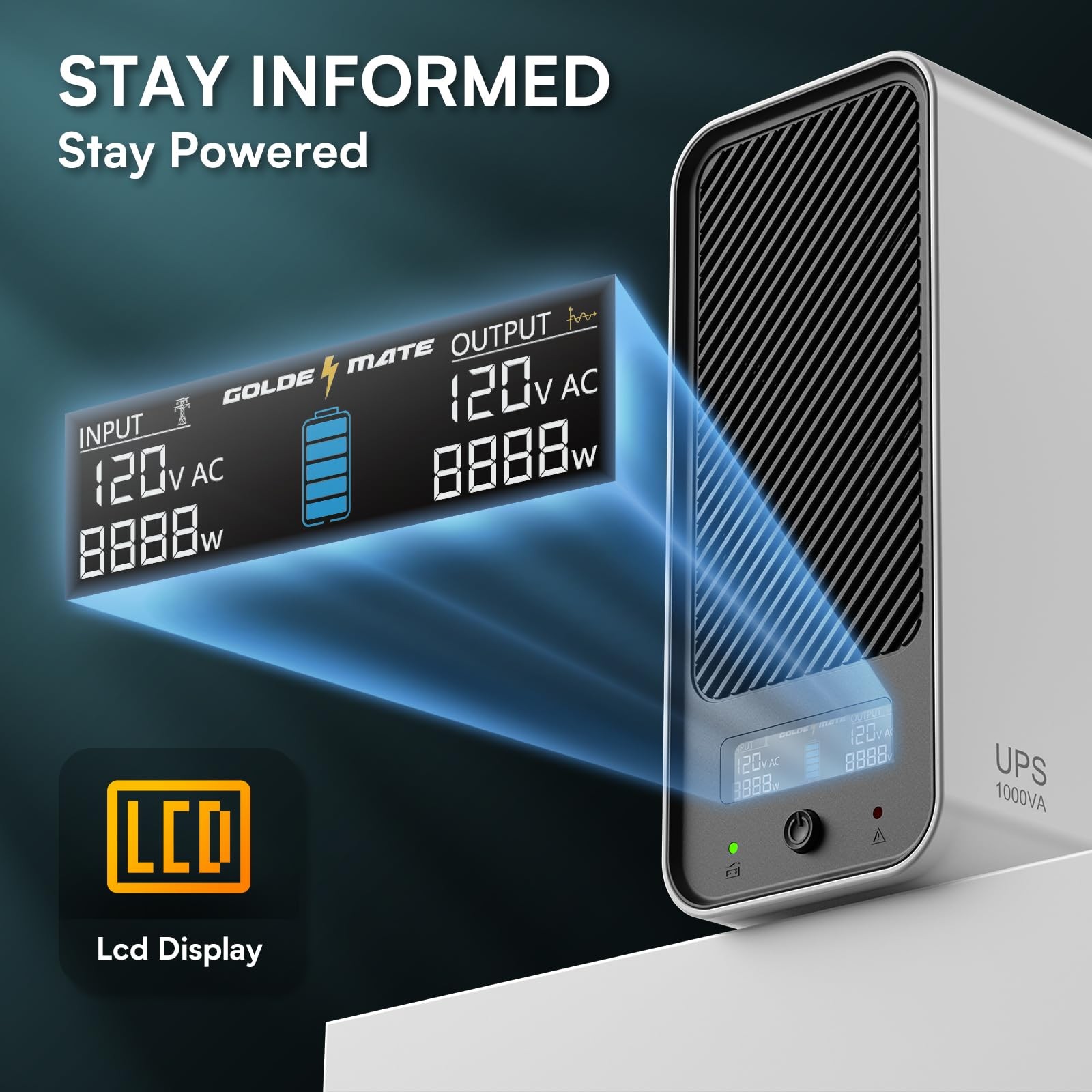 GOLDENMATE 1000VA LiFePO4 UPS 800W Battery Backup Pure Sine Wave White for PC