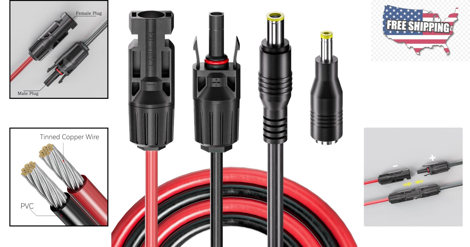 Versatile 6.23ft Solar Adapter Extension Cable, DC 8mm to 5.5mm, Durable 16 AWG