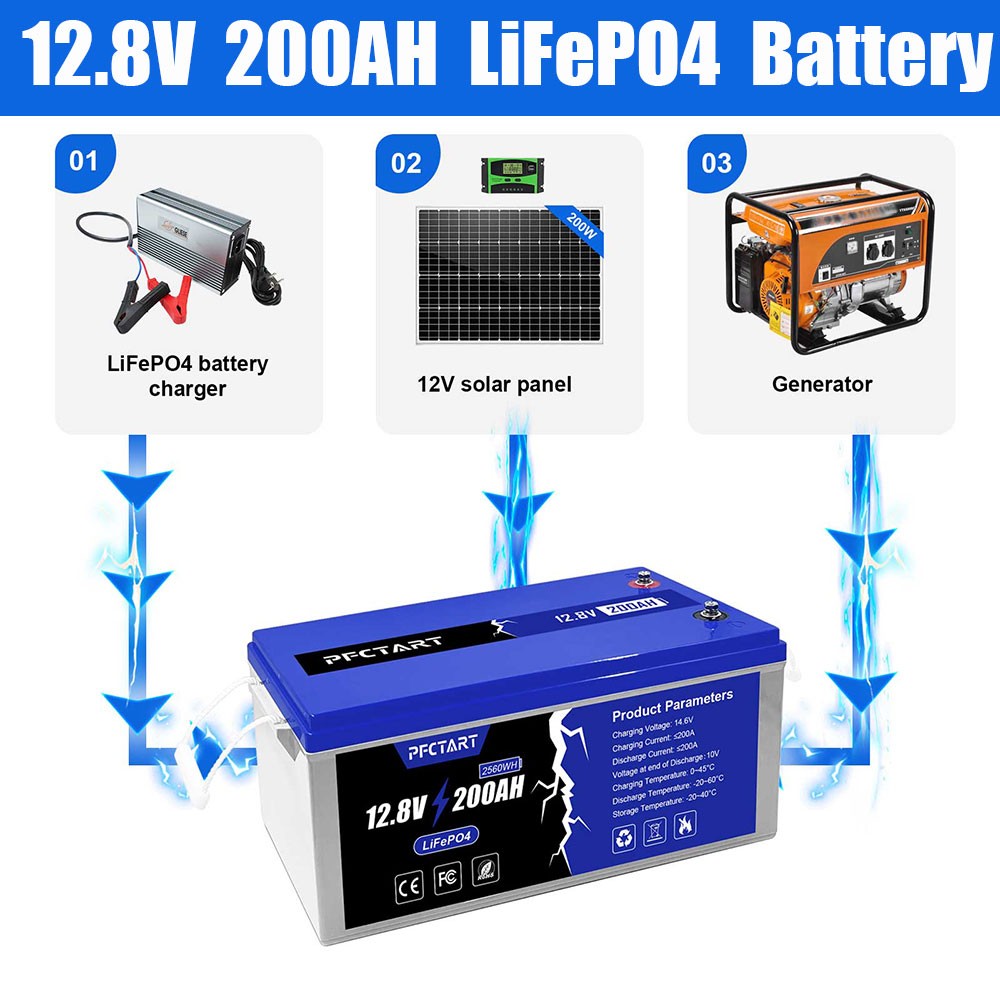 PFCTART 200AH LiFePO4 Deep Cycle Lithium Battery 12V for Solar System RV Camping