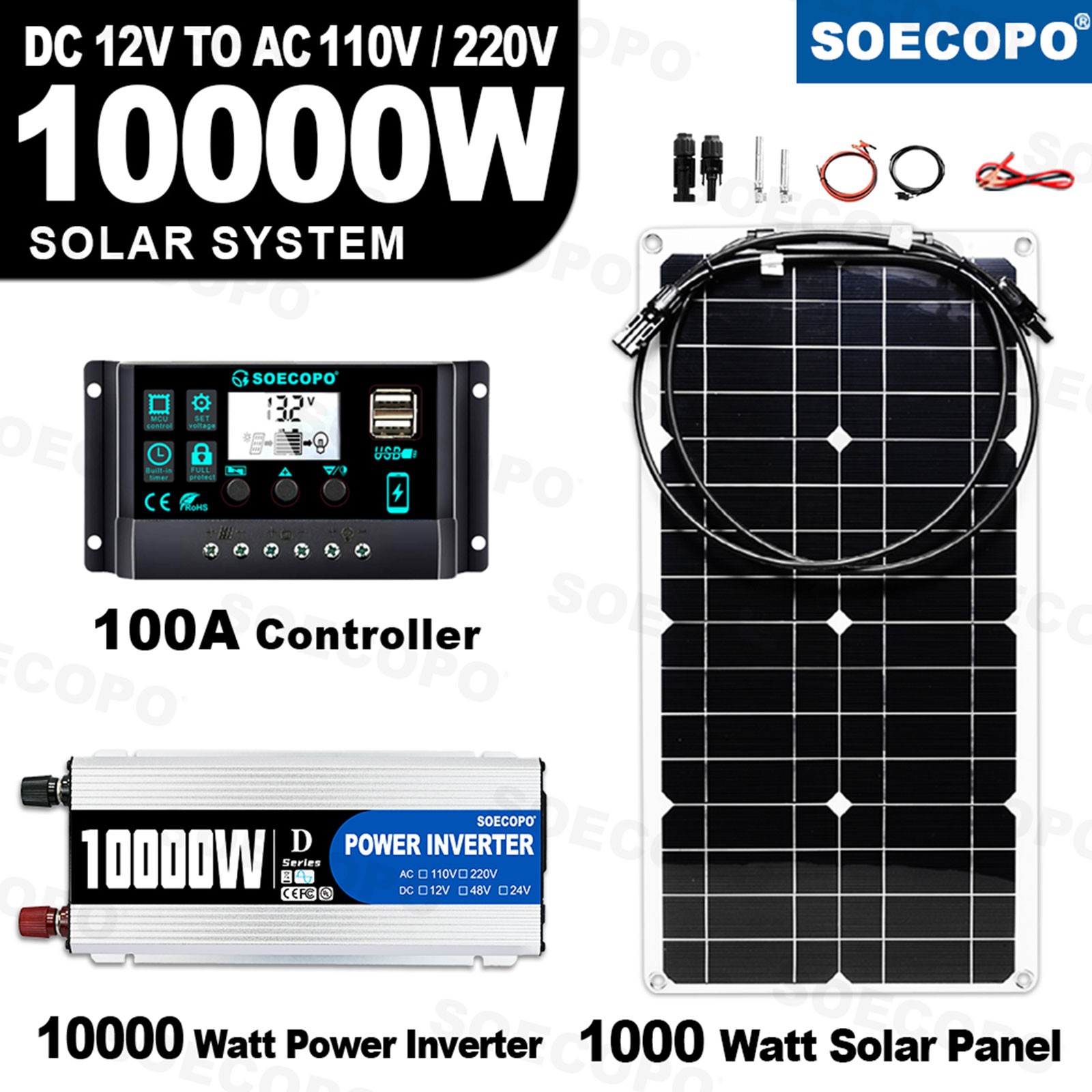 SOECOPO 10000W Solar System Kit, 100A Controller, 12V DC to 110V/220V