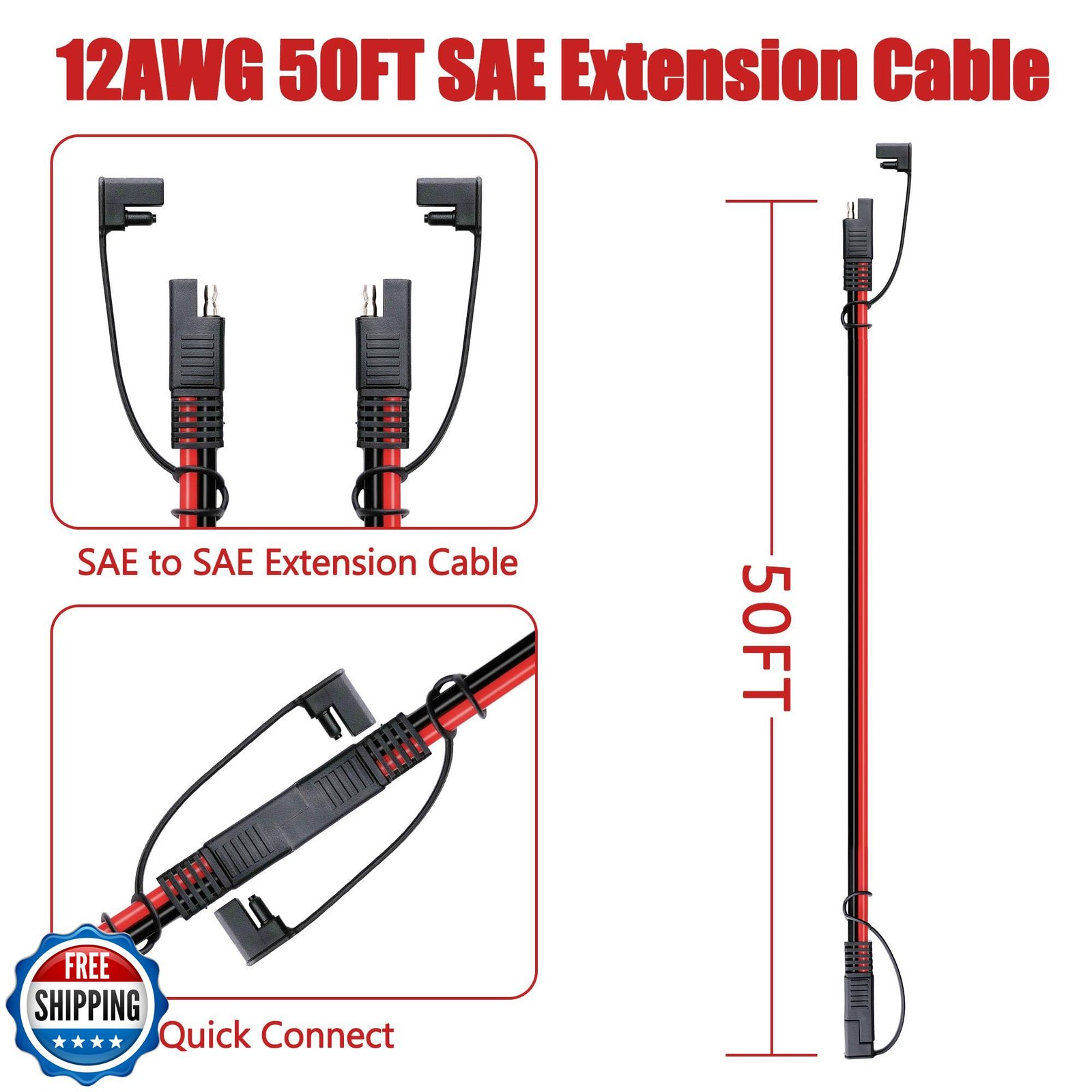 Magiktech 50 FT SAE to SAE Extension Cable 12AWG,12 Gauge SAE Adapter Cable,S