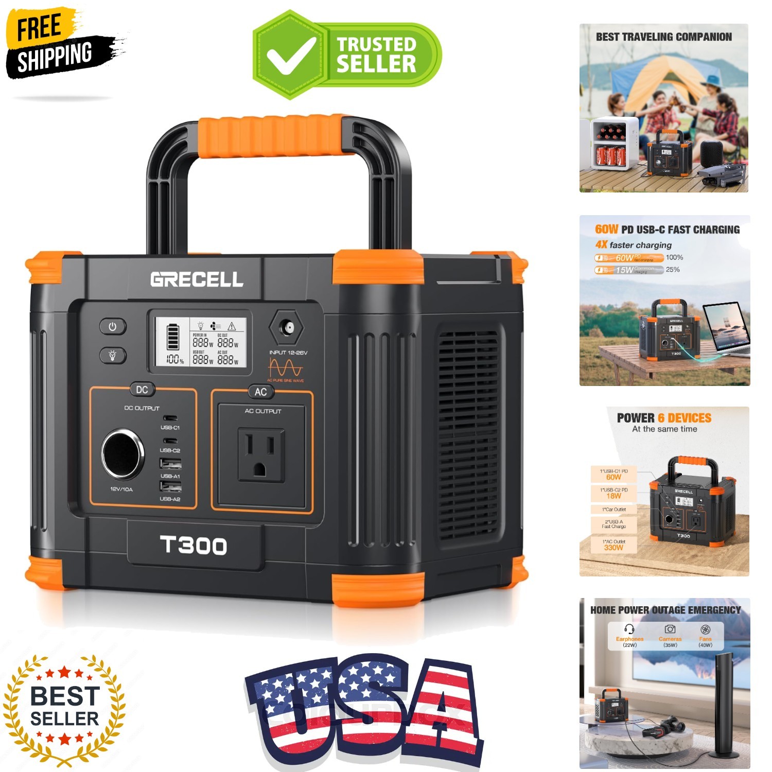 Portable Power Station 300W, 230.88Wh Solar Generator with 60W USB-C PD Outpu…