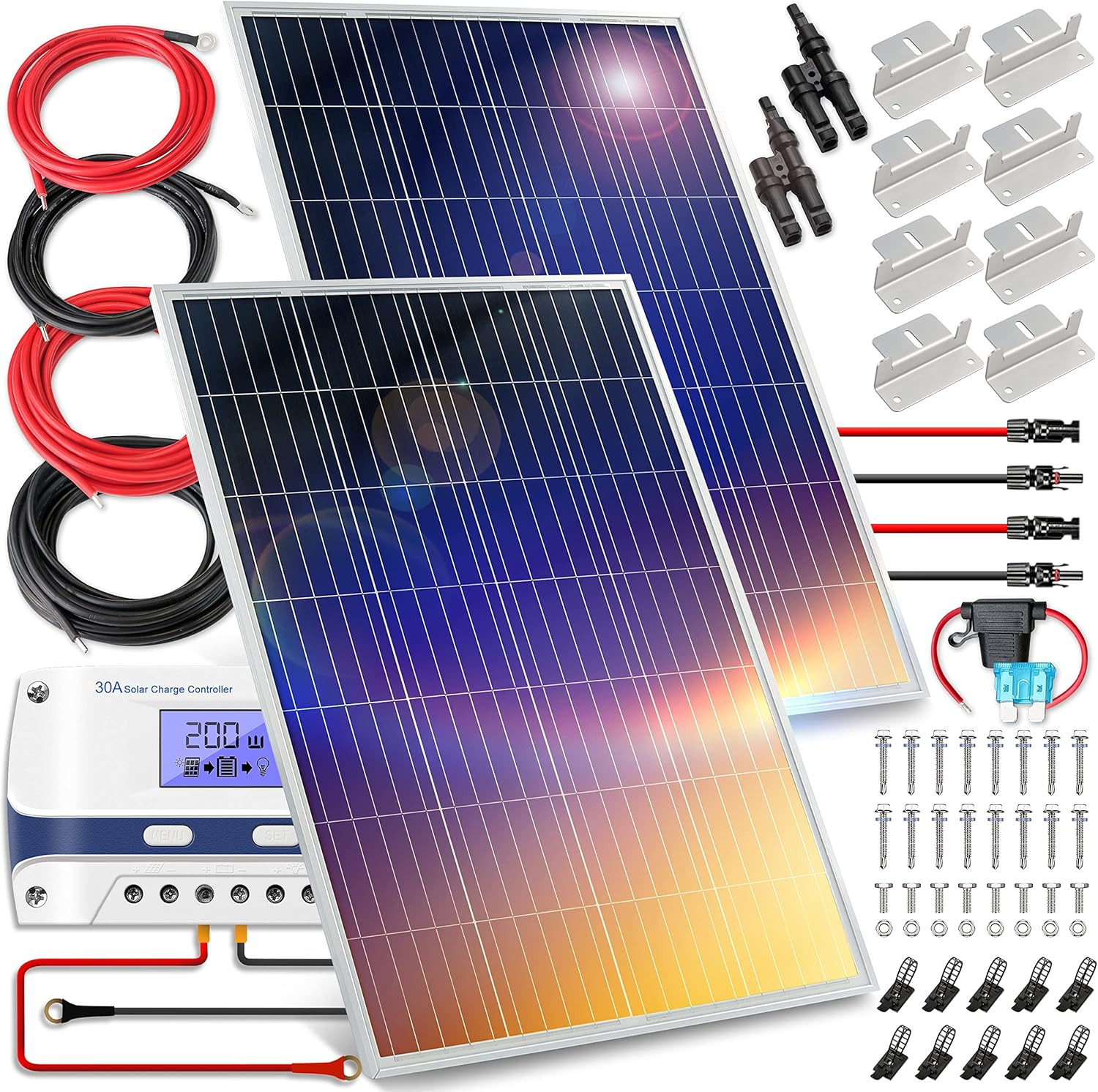 Serenelife 200 Watt 12V Portable Solar Starter Kit with 2 Pcs 100W Monocrystalli