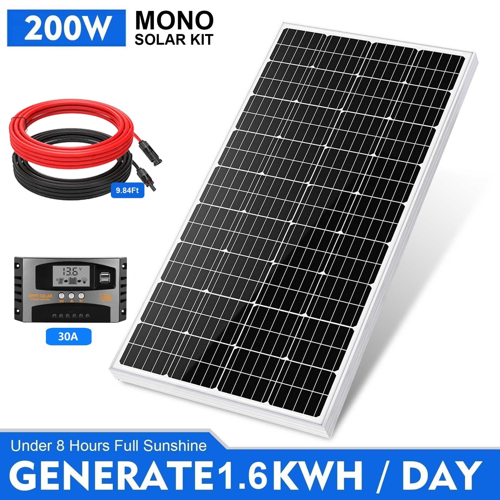 200W Solar Panel Kit 12V Monocrystalline PV Power Charger for RV Home Rooftop US