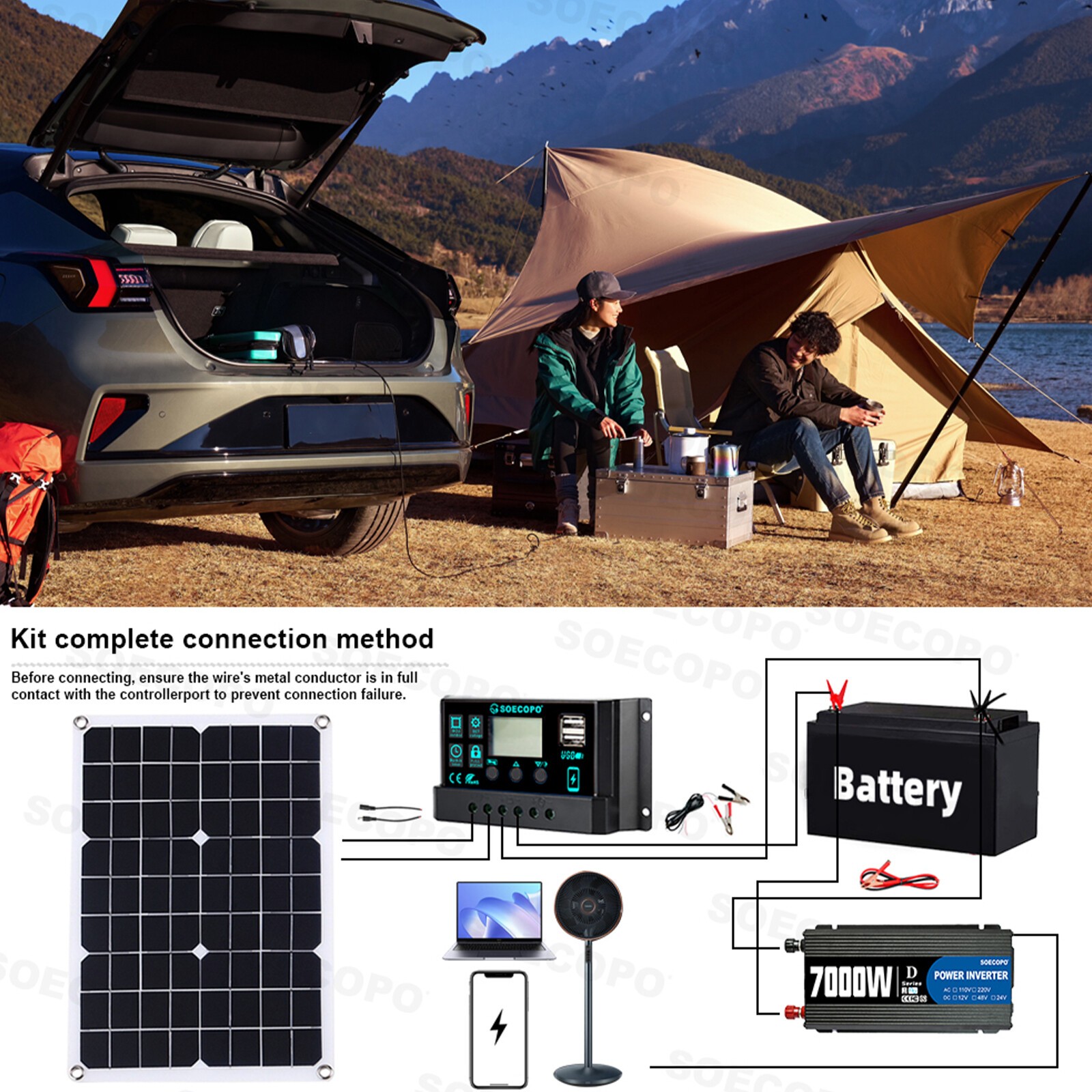 7000W Solar Kit 12V 110V Inverter Battery ChargerLighting Camping 500W Panel UeG