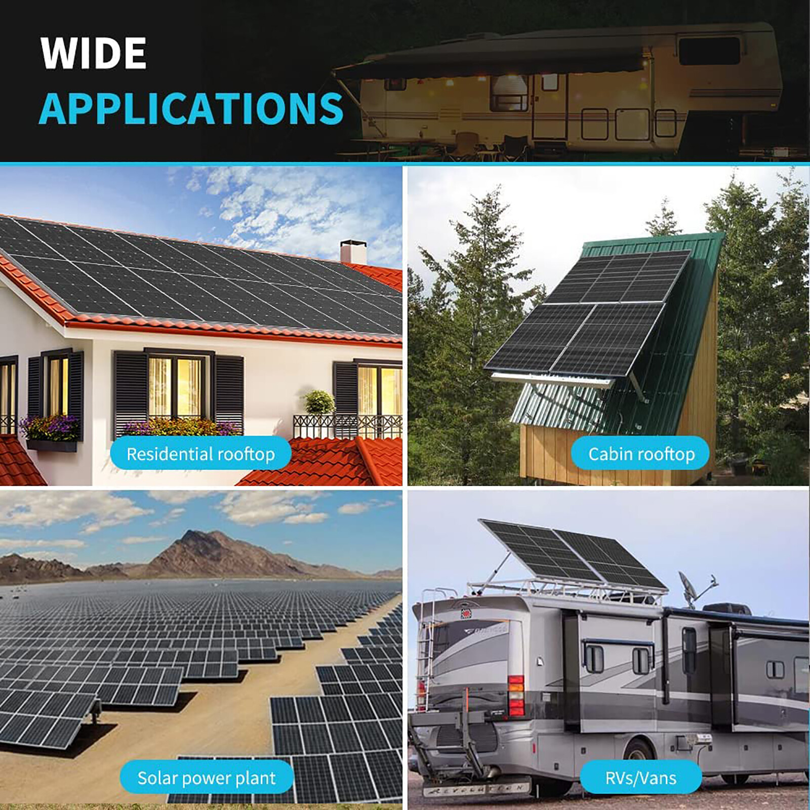 100W Solar Panel 12V PV Watt Monocrystalline Power Charger for RV Home Rooftop