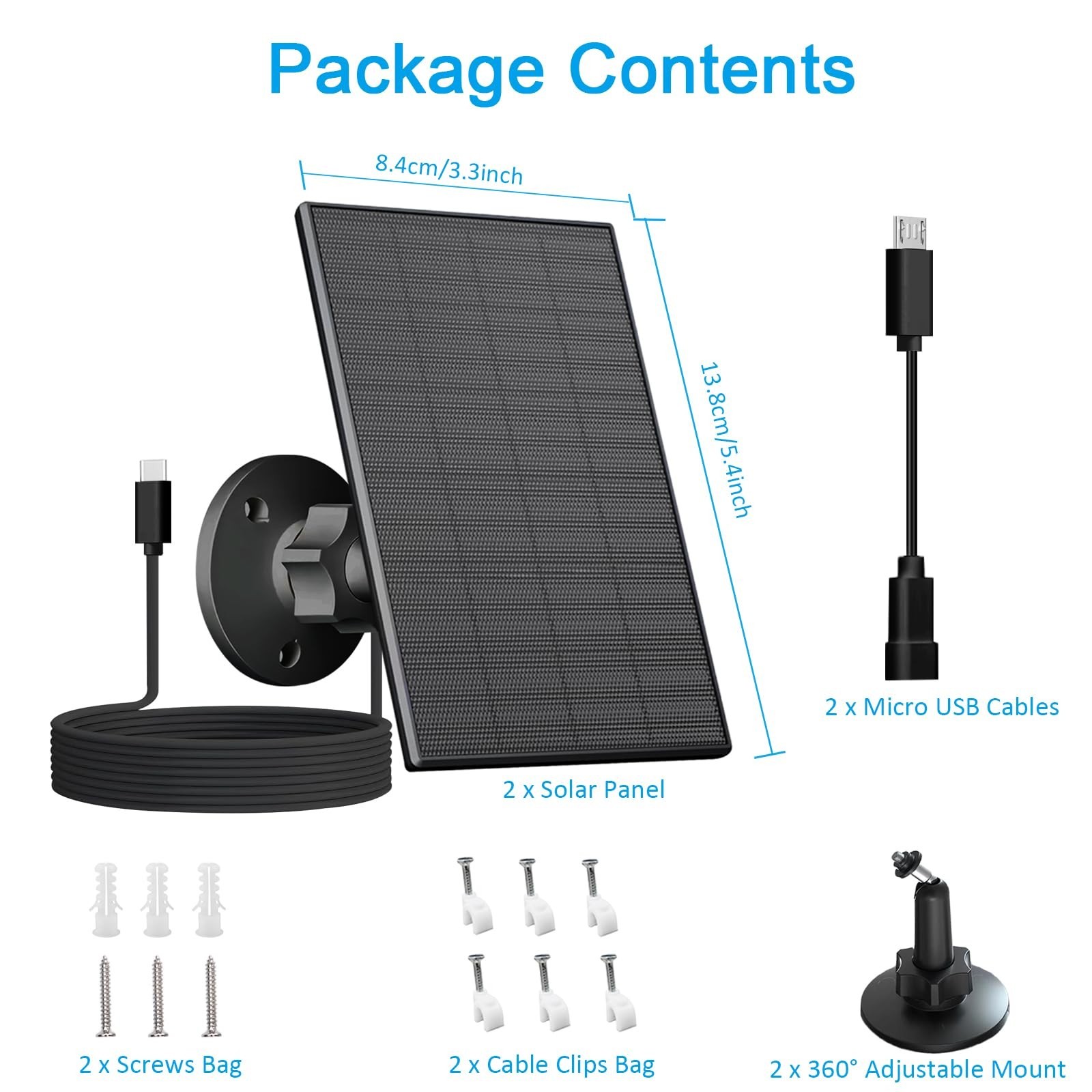 2W Solar Panel for Outdoor Security Cameras, USB/Type-C Charger, IP65 Waterproof