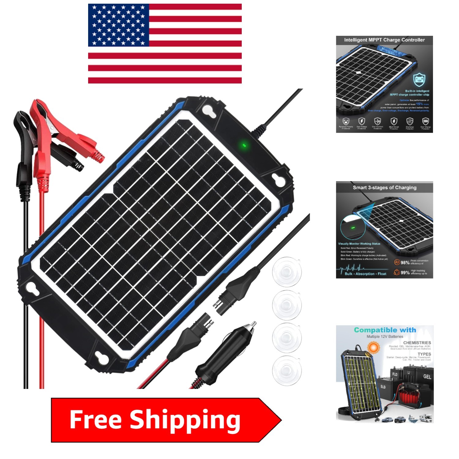 Efficient 12V Solar Battery Charger with Quality & Free Maintenance