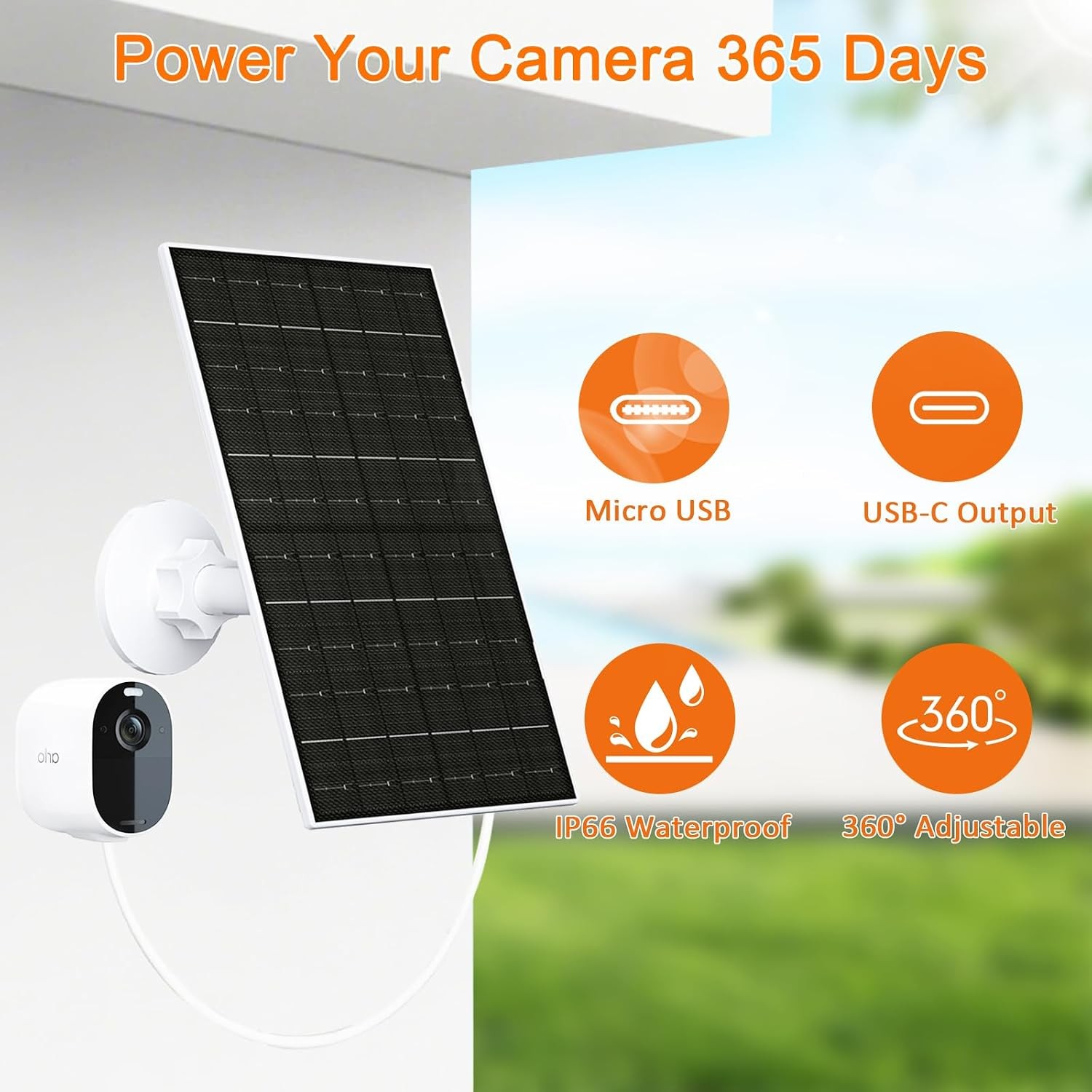 6W Solar Panel Charger for Arlo Camera 5V USB Type C Solar Power Security