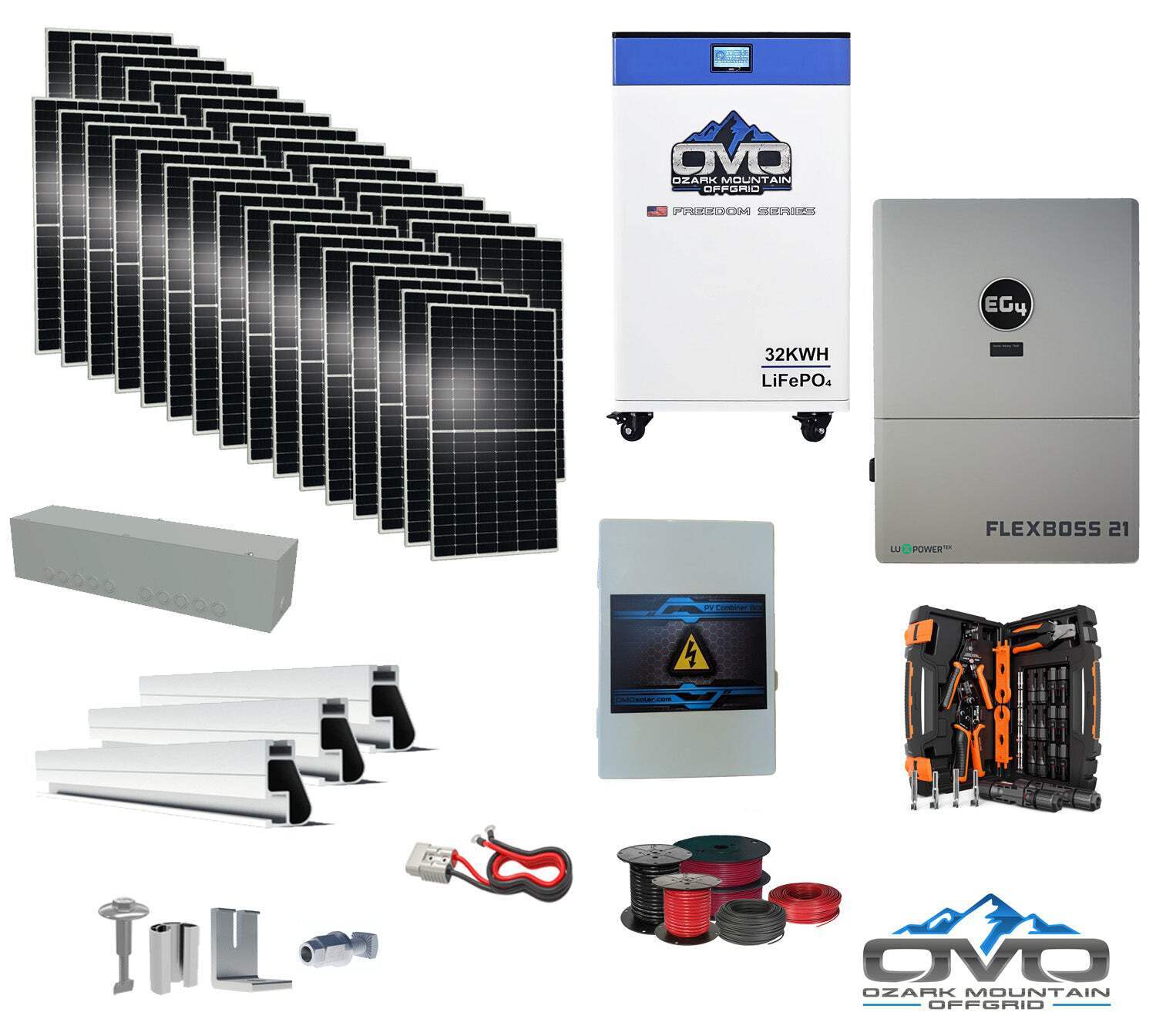 17KW Complete Offgrid Solar Kit + EG4 FlexBOSS21 + 32KW OMO 48V Freedom Series L