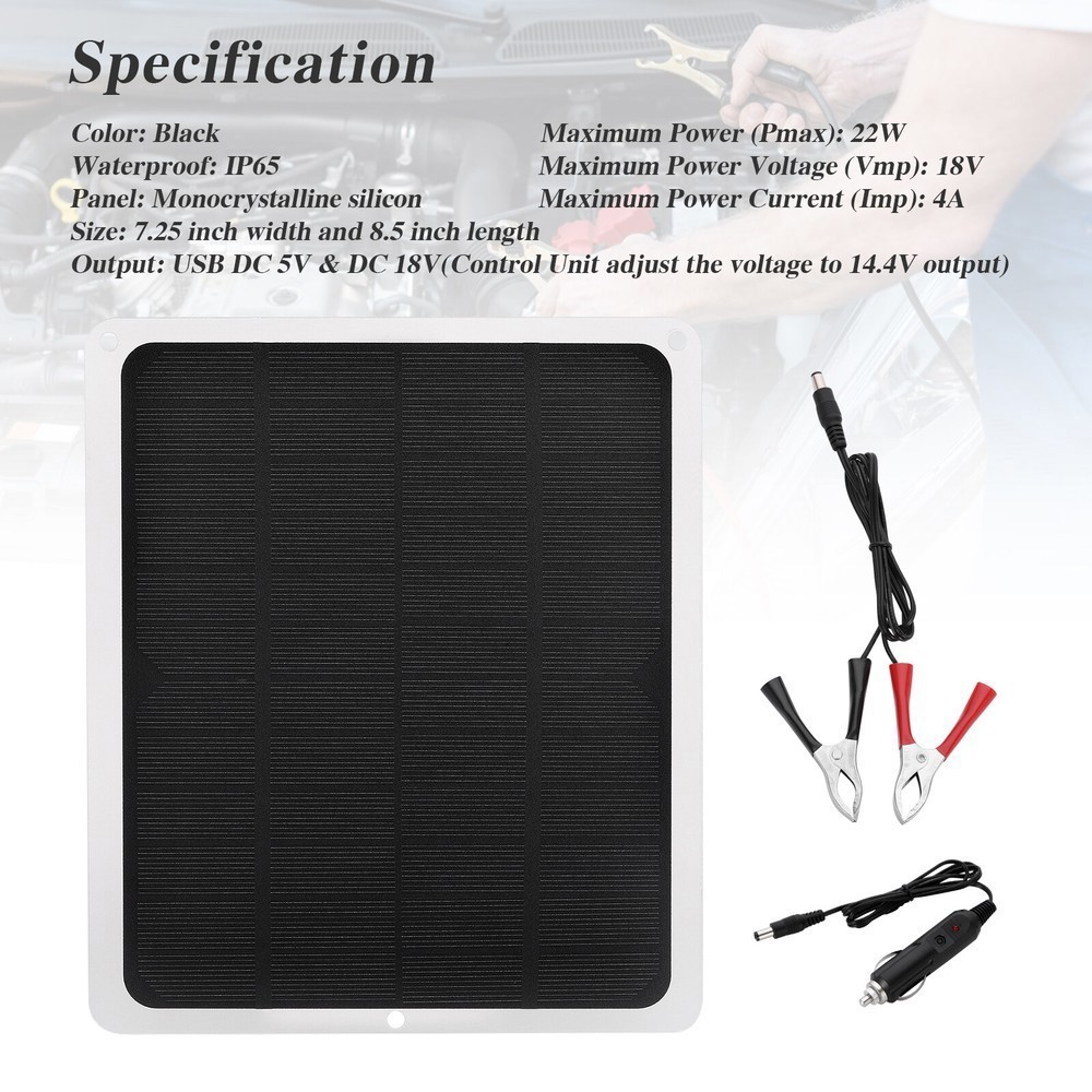 20W 12V Waterproof Solar Panel Kit with Cigarette Lighter & Alligator Clips USA