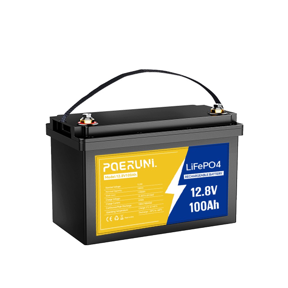 POERUNI 100Ah 12V 1280Wh LiFePO4 Lithium Battery Built-in BMS backup Battery New