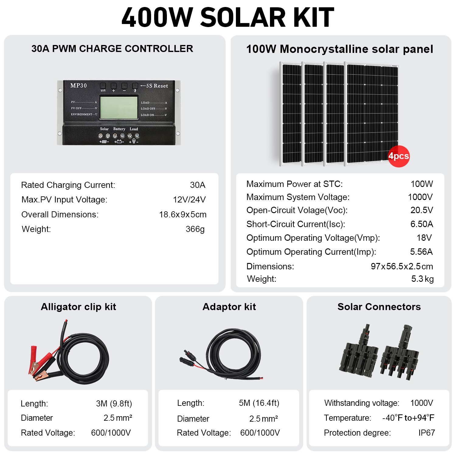 Dokio 4X100w 400w Rigid Monocrystalline Solar Panel Kit for Home/Caravan/RV/Boat