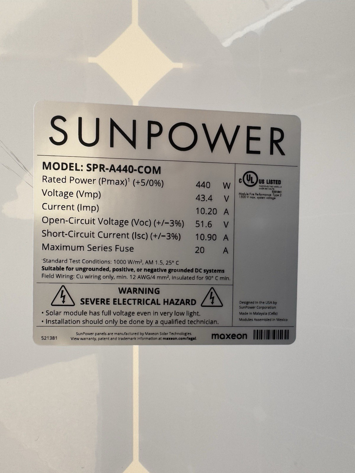 25PC Pallet of SunPower Maxeon 440W SPR-A440-COM Solar Panels