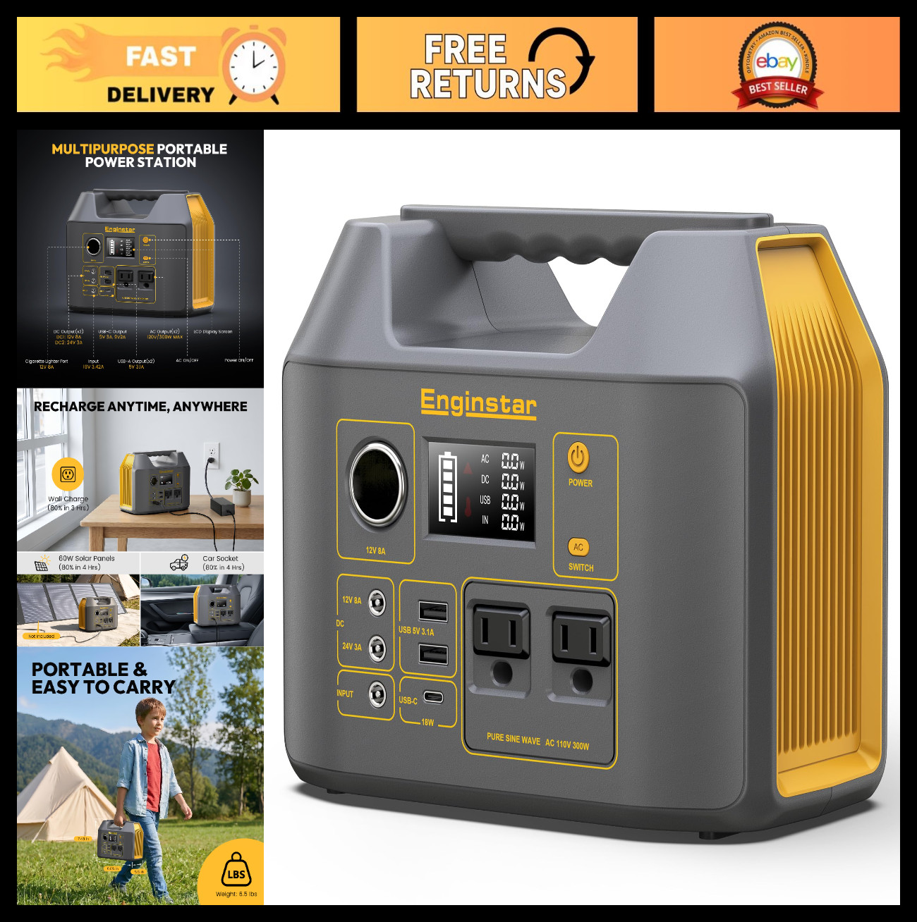 Portable Power Station 300W Solar Generator 296Wh Battery Pack for Camping RV Tr