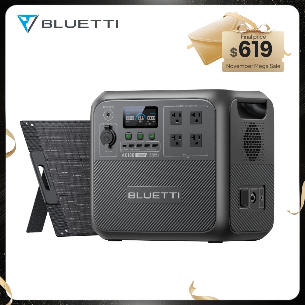 BLUETTI AC180 1800W 1152Wh Solar Generator+100W Portable Solar Panel Kit MPPT
