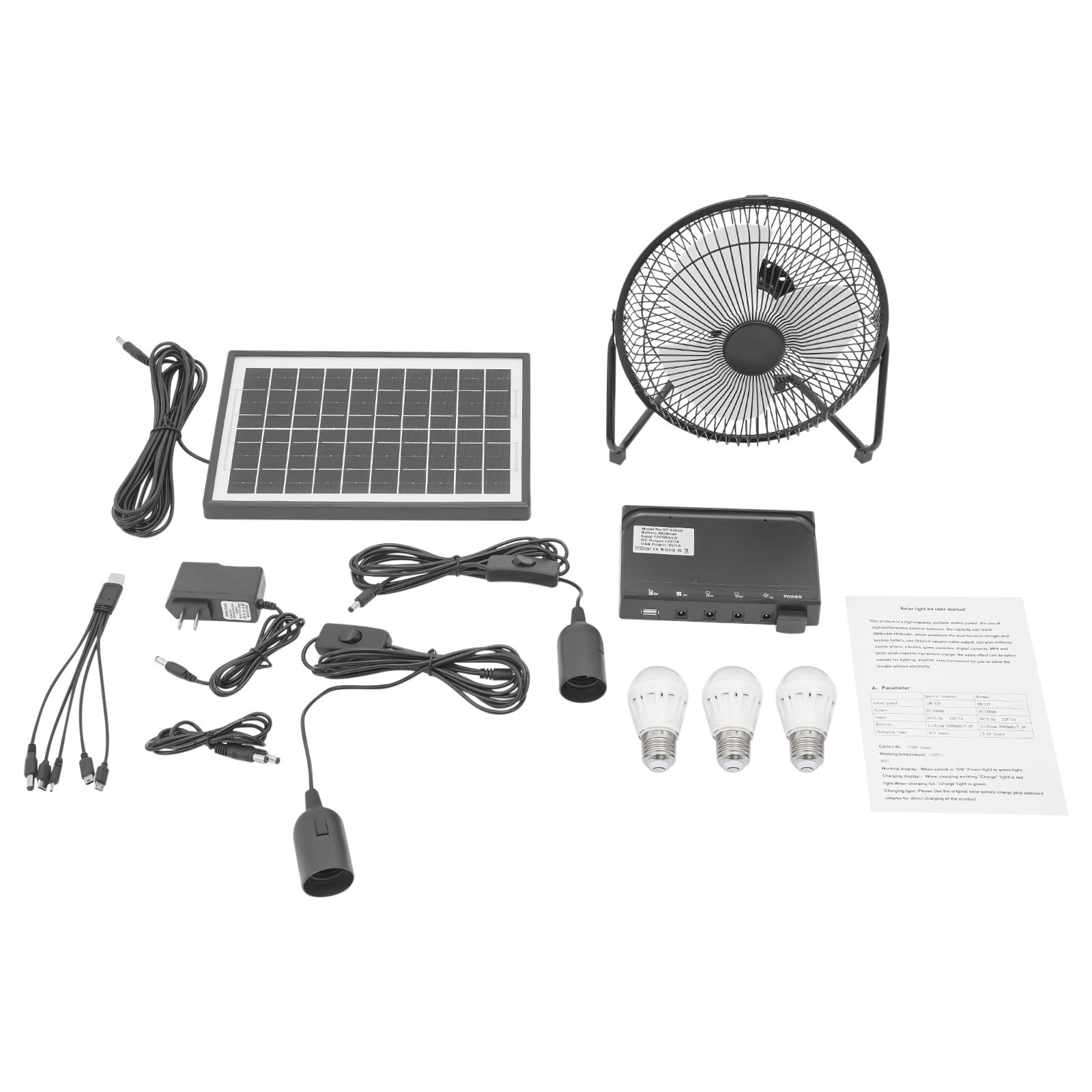 Freestanding Solar Fan Lamp Kit Solar Lighting Solar Powered Fan w/ 3 Bulbs