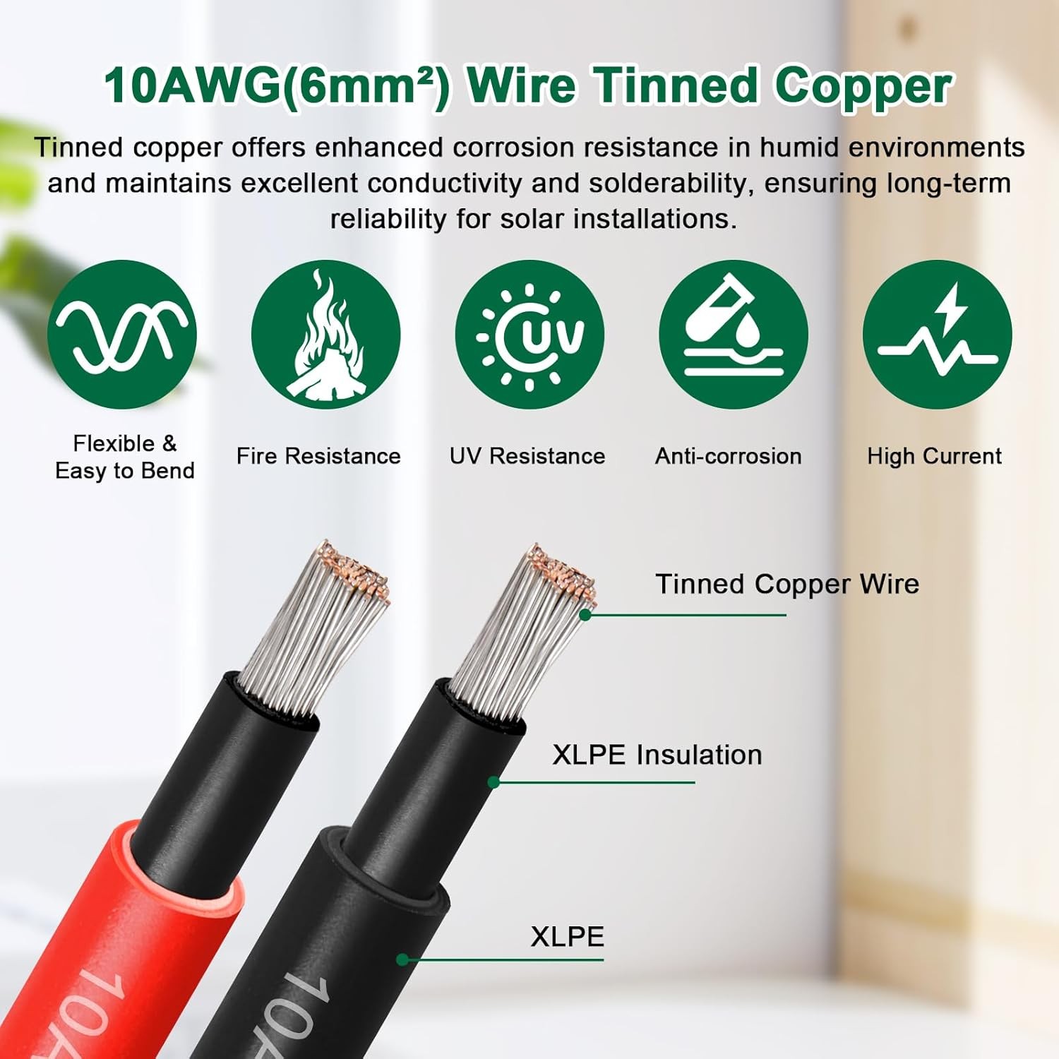 10AWG Solar Cable – 15FT Solar Panel Extension Cord 10 Gauge PV Wire with Flame