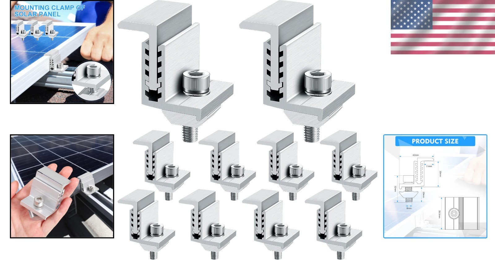 Durable Adjustable End Clamps for Solar Panels – 10-Pack, Lightweight Design