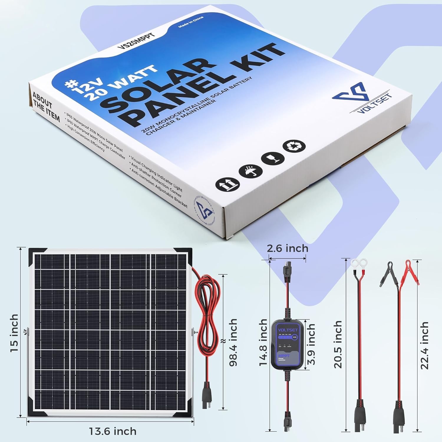 Solar Panel Kit 20W 12V with MPPT Controller, Solar Battery Trickle Charger M…
