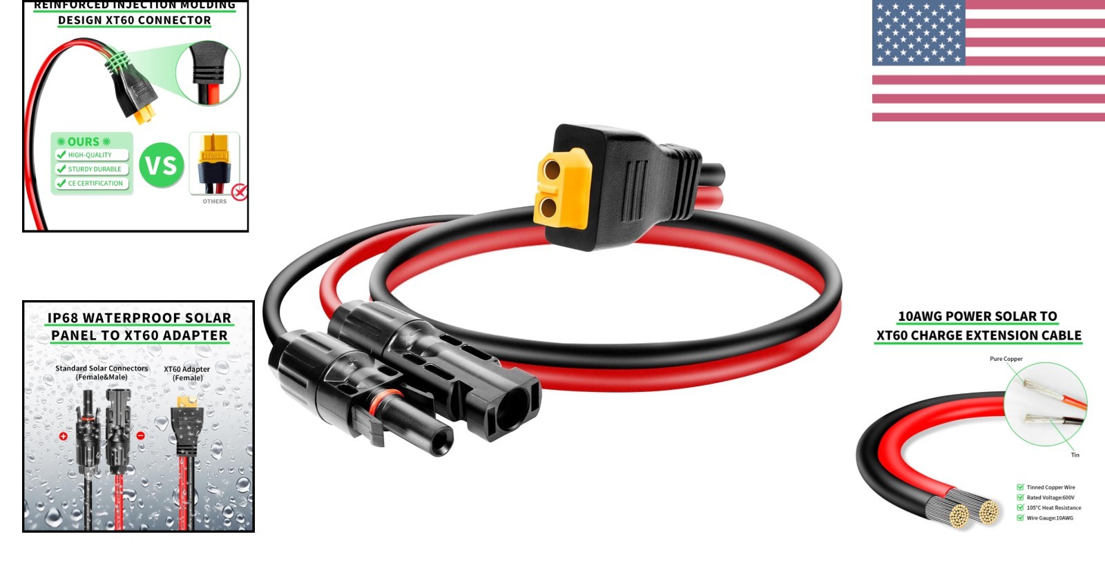 Solar Panel Connector to XT60 Connector Cable 1FT, 10AWG Solar to XT60 Charge…