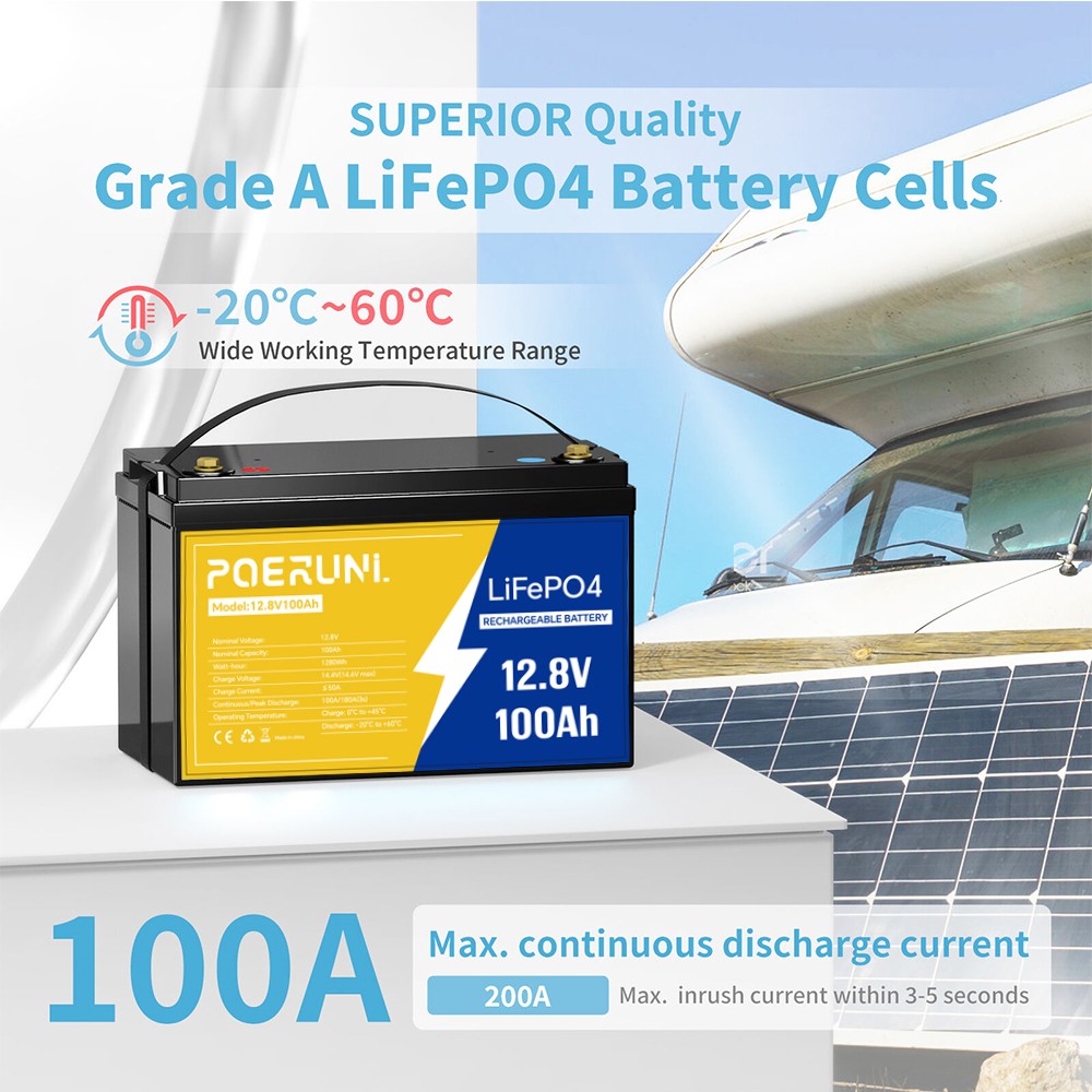 POERUNI 100Ah 12V 1280Wh LiFePO4 Lithium Battery Built-in BMS backup Battery New