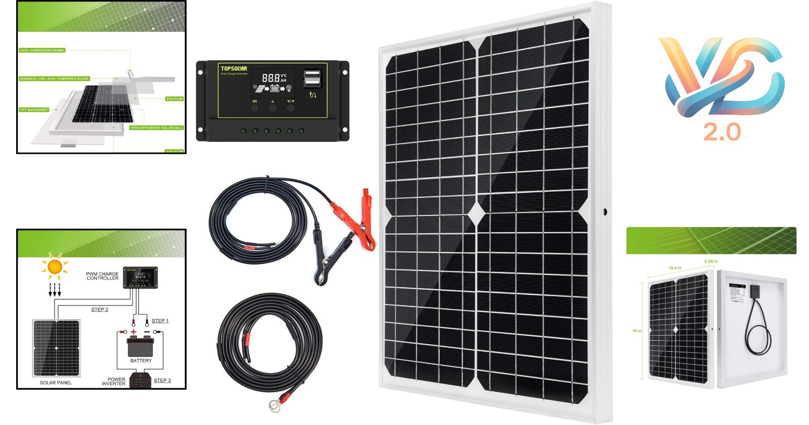 20W Monocrystalline Solar Panel Kit with 10A Charge Controller for RV Boat