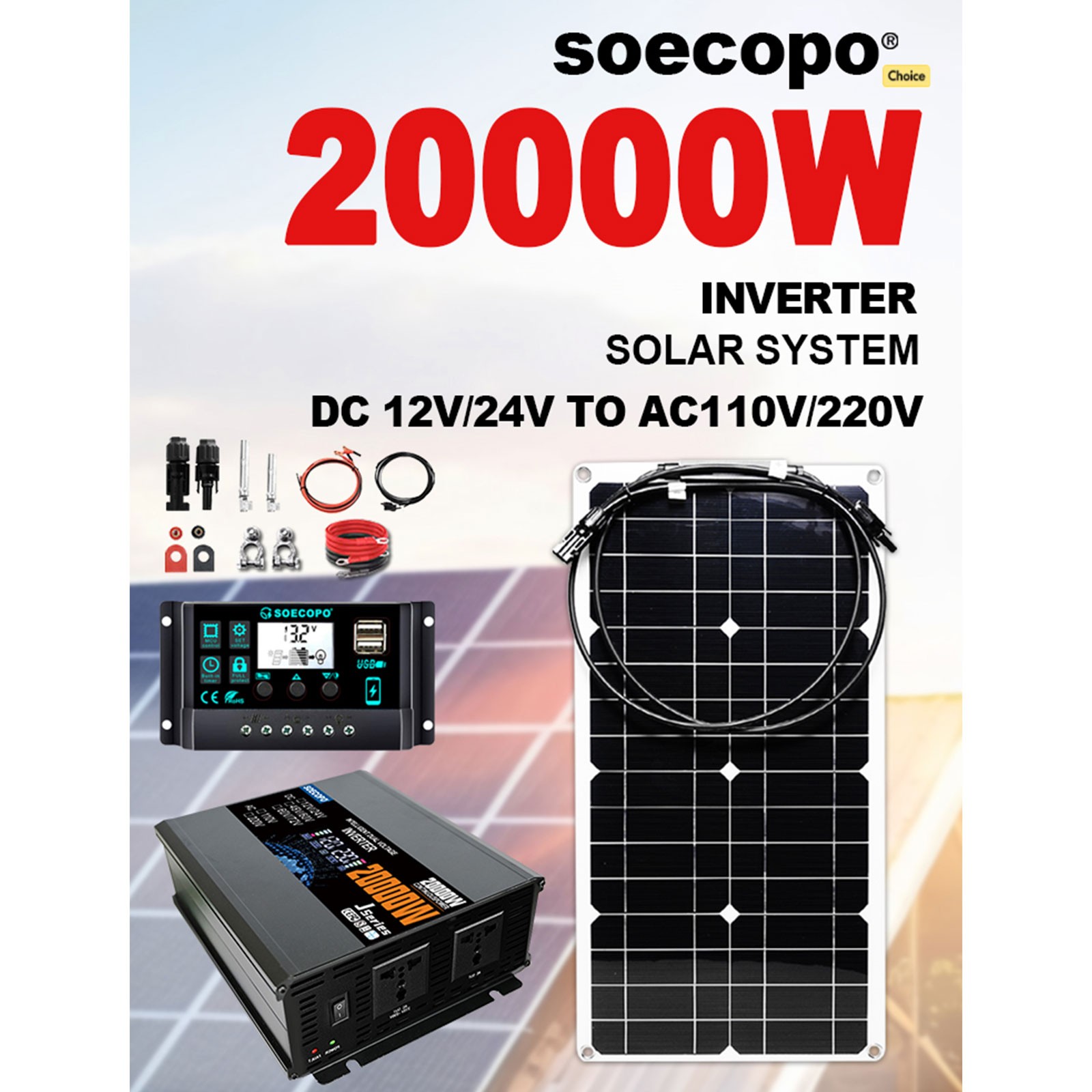 20000W Peak Solar System Kit Panel 12V/24V To 110V/220V Inverter