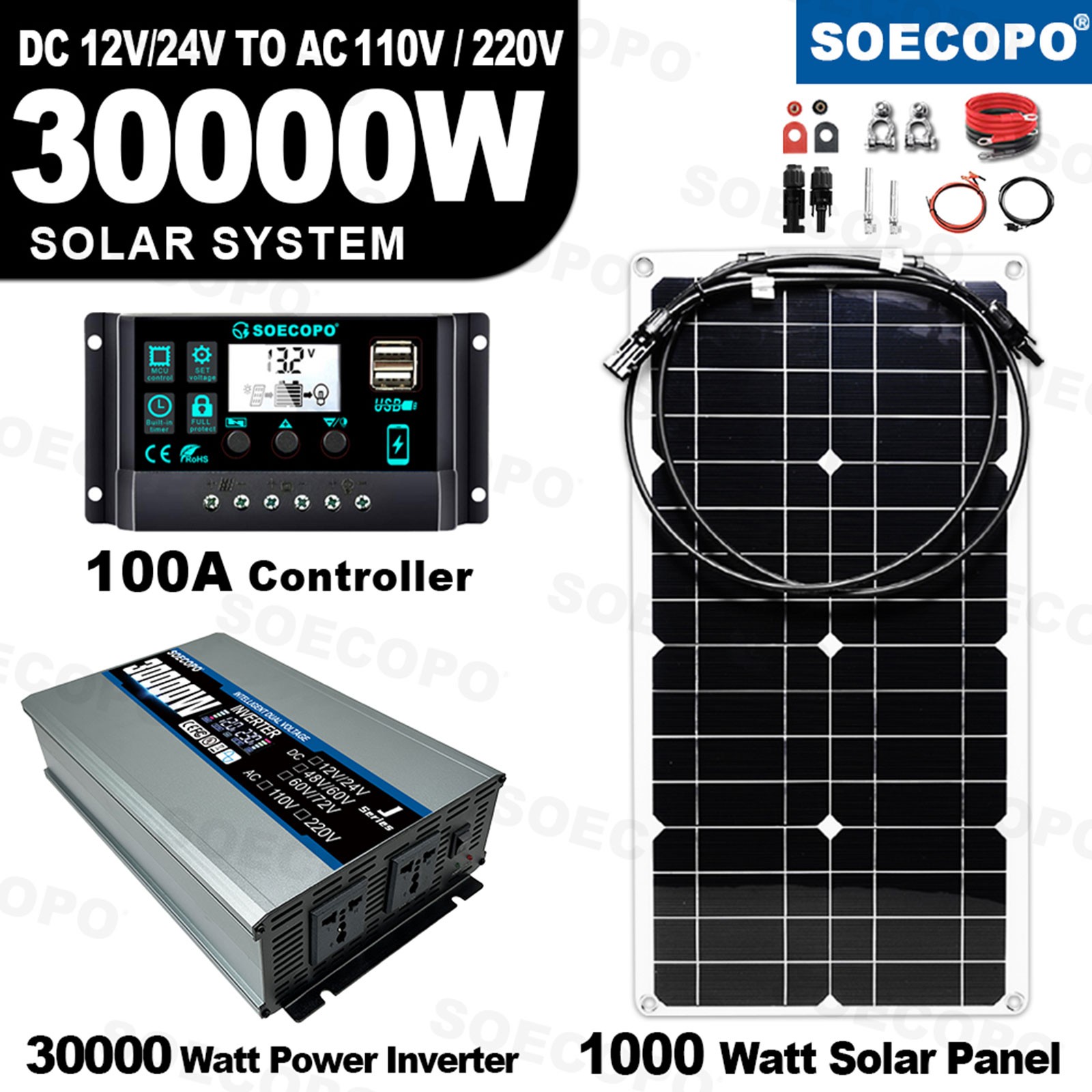 30000W Peak Solar System Kit FlexiblePanel 100A Controller 12V24V To 110V 220V