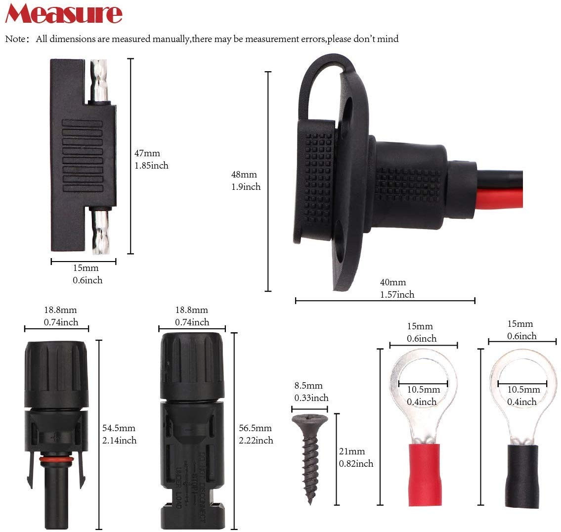 2ft/60cm Solar Conector to SAE Adapter 10AWG Cable + 2ft/60cm 10 AWG Solar Weath