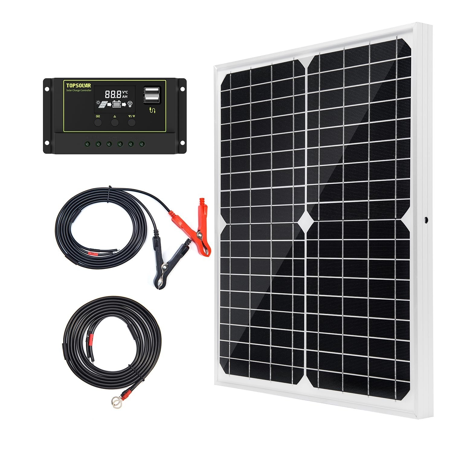 20W 12V Monocrystalline Solar Panel Kit with 10A Charge Controller & Cables for