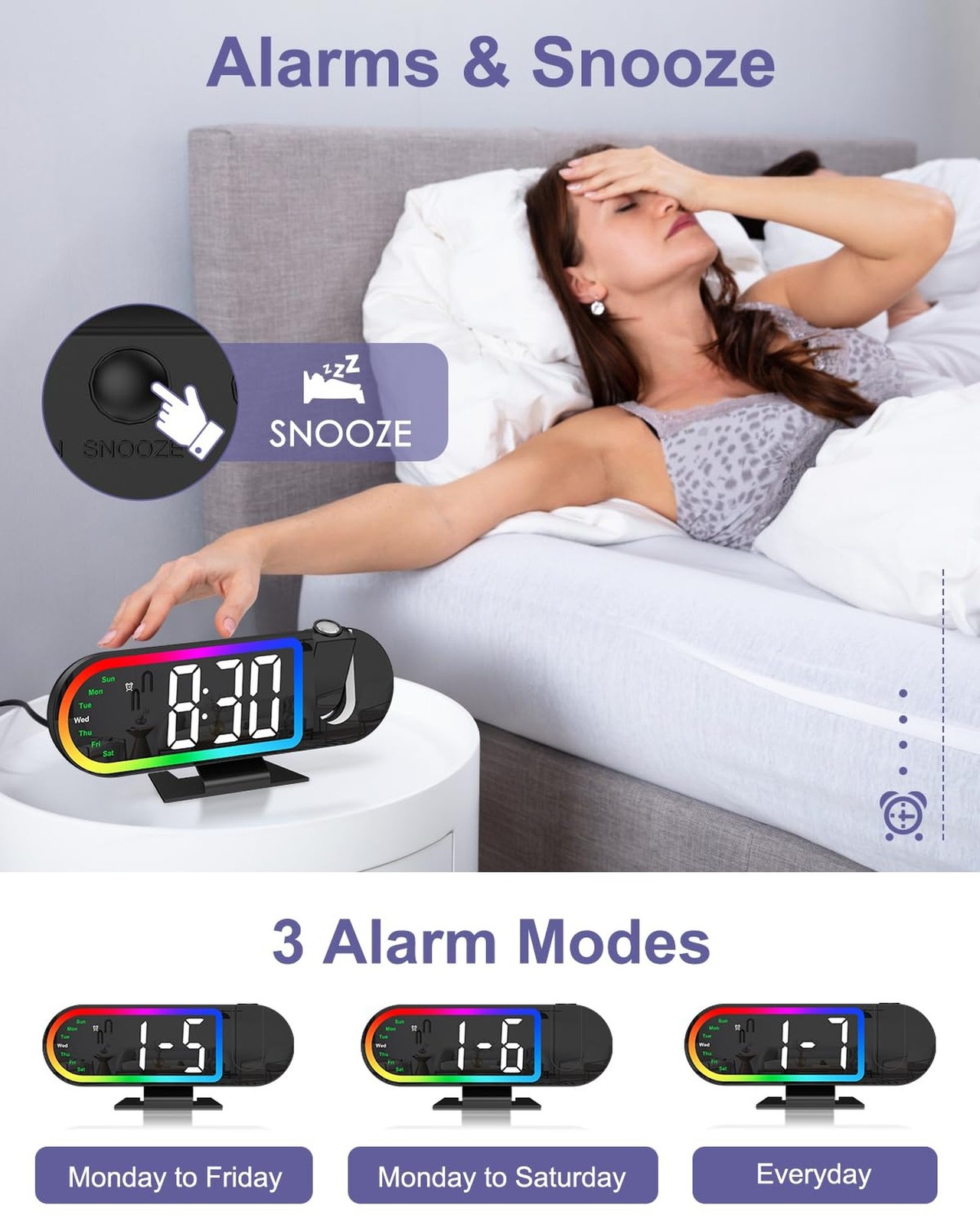 Projection Alarm Clock for Bedroom Ceiling, 8.5″ Large Display Alarm Clock wi…