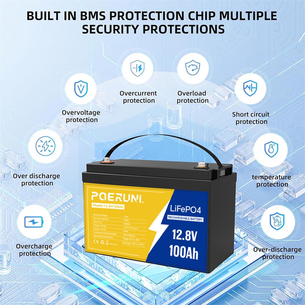 POERUNI 100Ah 12V 1280Wh LiFePO4 Lithium Battery Built-in BMS backup Battery New