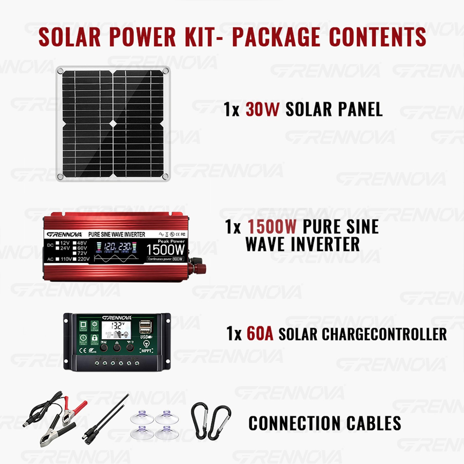 Grennova 1500W Real Power Solar Kit 30W 60A MPPT Pure Sine Off-Grid Home Camping