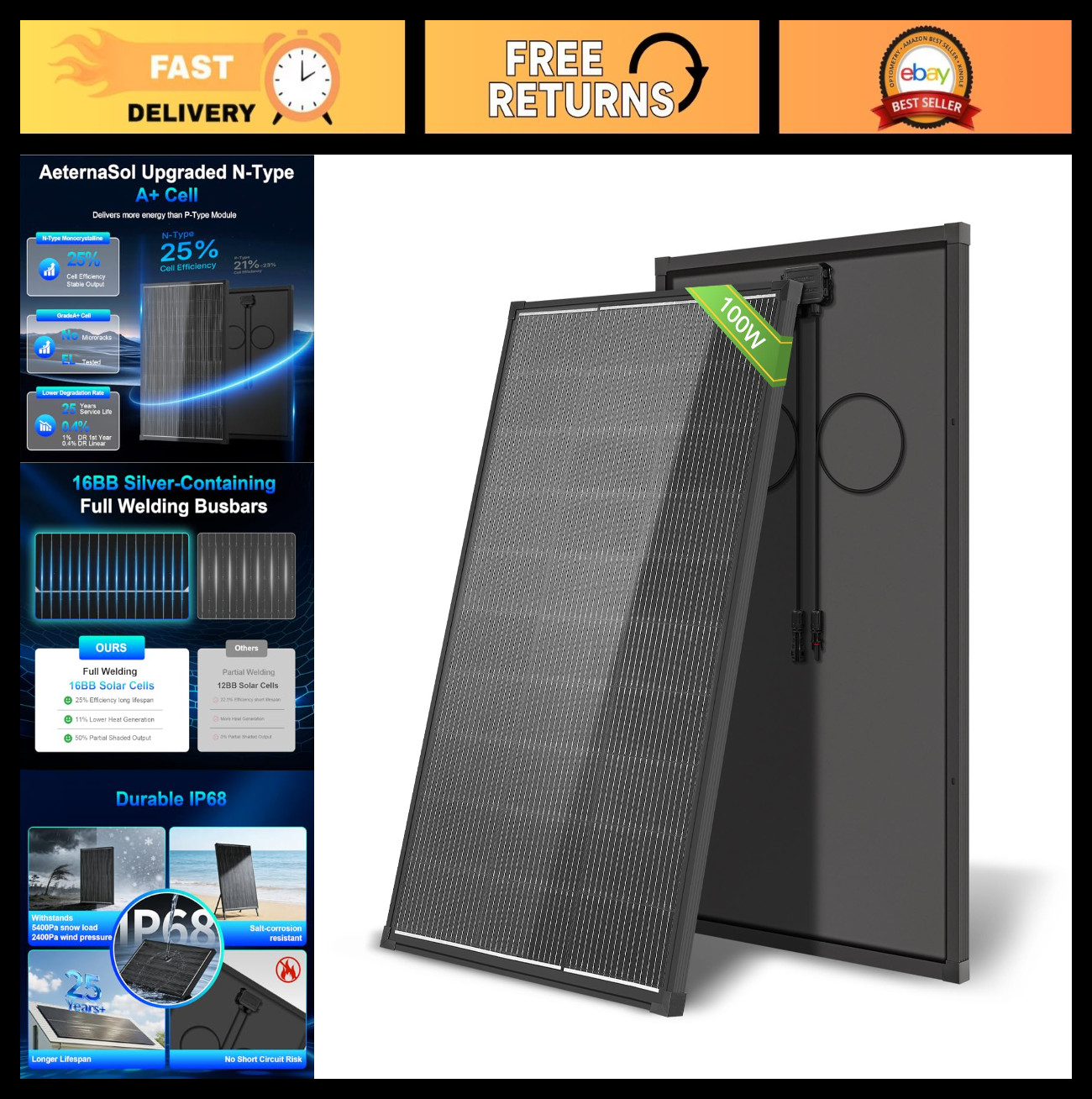100W 12V High Efficiency Solar Panel, IP68 Waterproof for RV, Marine, Off-Grid U