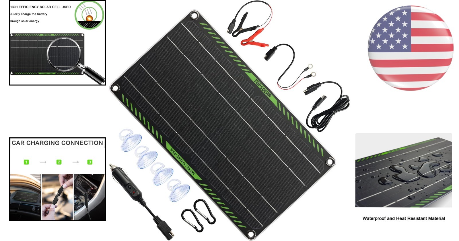High Efficiency 10W 12V Solar Panel Battery Charger for RVs, Cars & Motorcycles