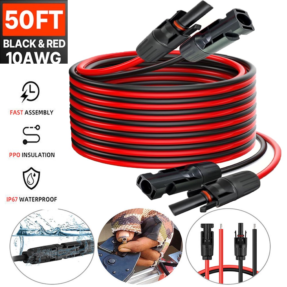 50ft Black+Red 10AWG Solar Panel Extension Cable Flexible PV Wire w/ Connectors