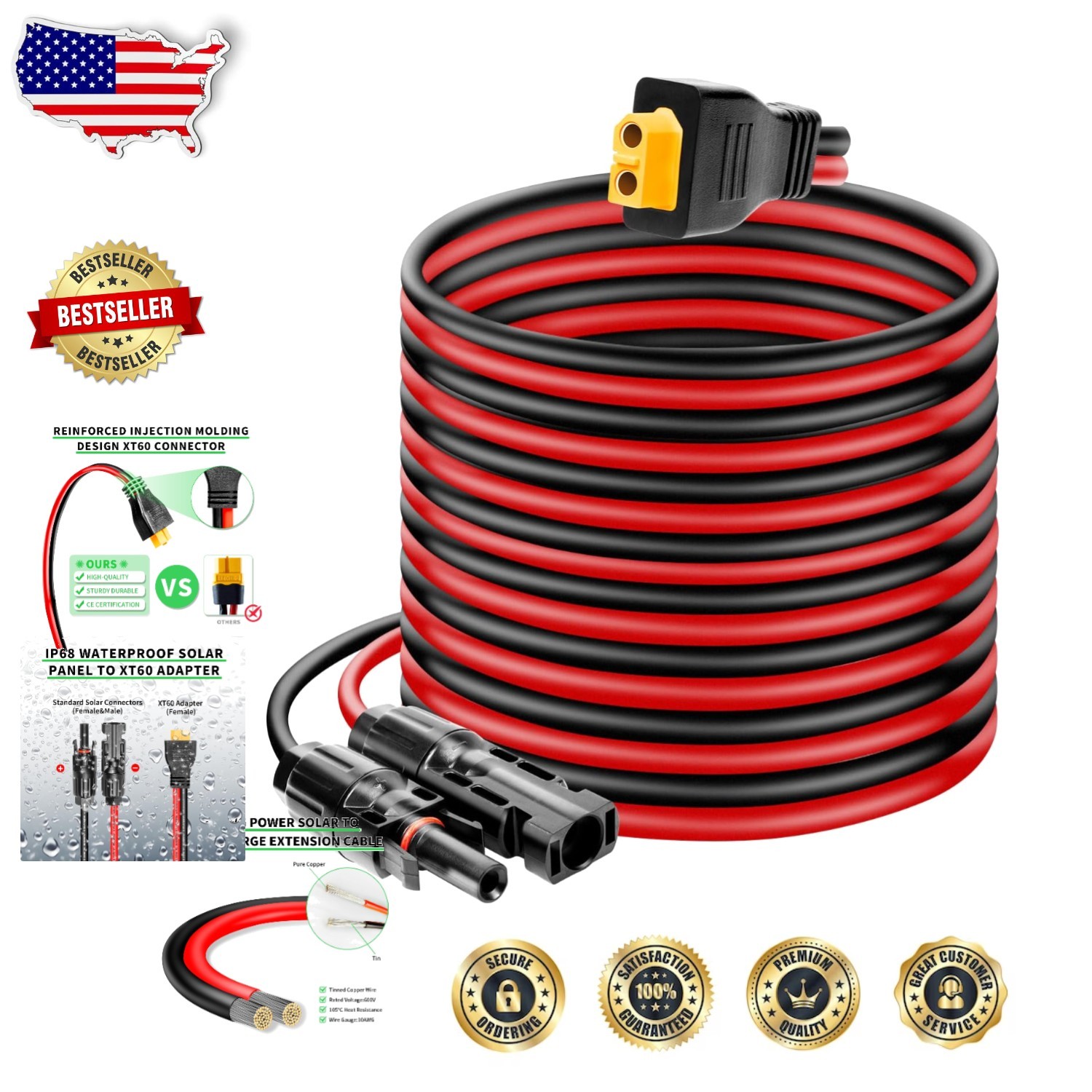 50ft Solar Panel to XT60 Charge Cable, 10AWG Tinned Copper, Waterproof