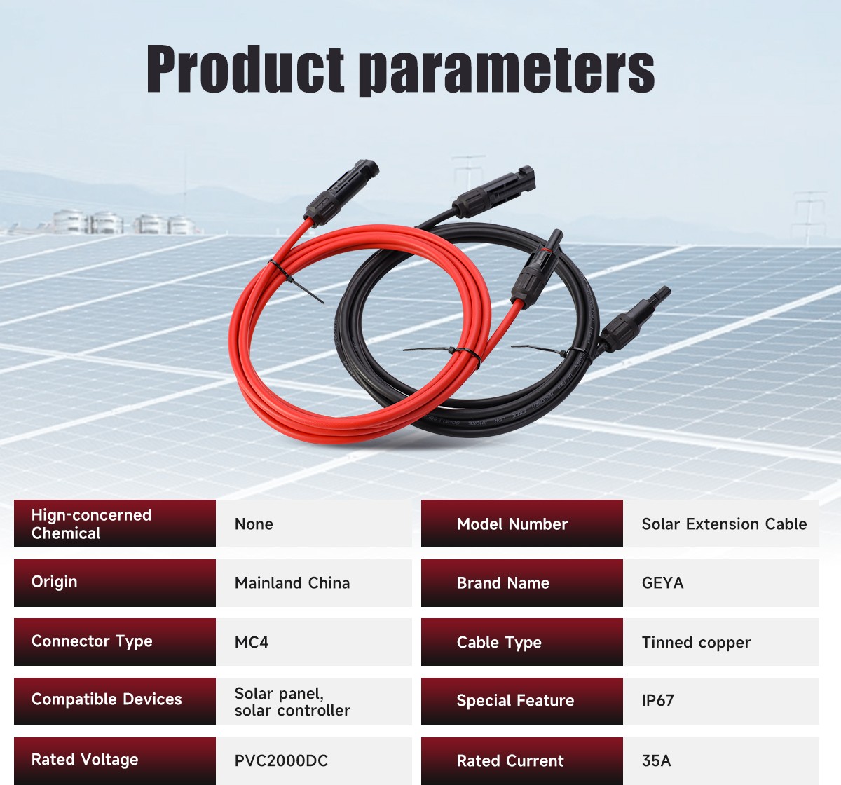 GEYA PV Wire Solar Panel Y Branch Solar Panel Extension Cable Connectors 10AWG