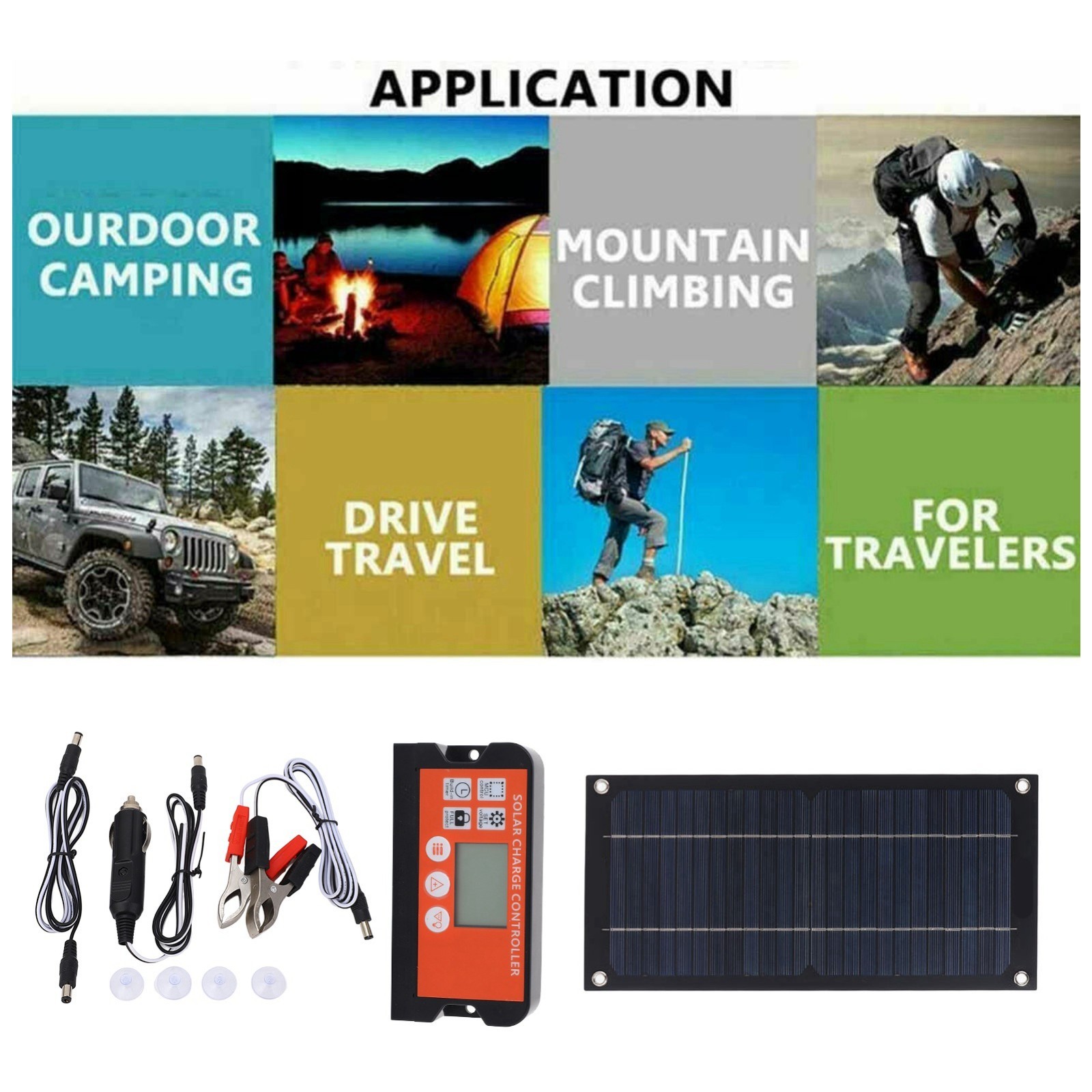 Solar Panel Charger with 100A Controller, Extension Cable & Clips for RV Camping