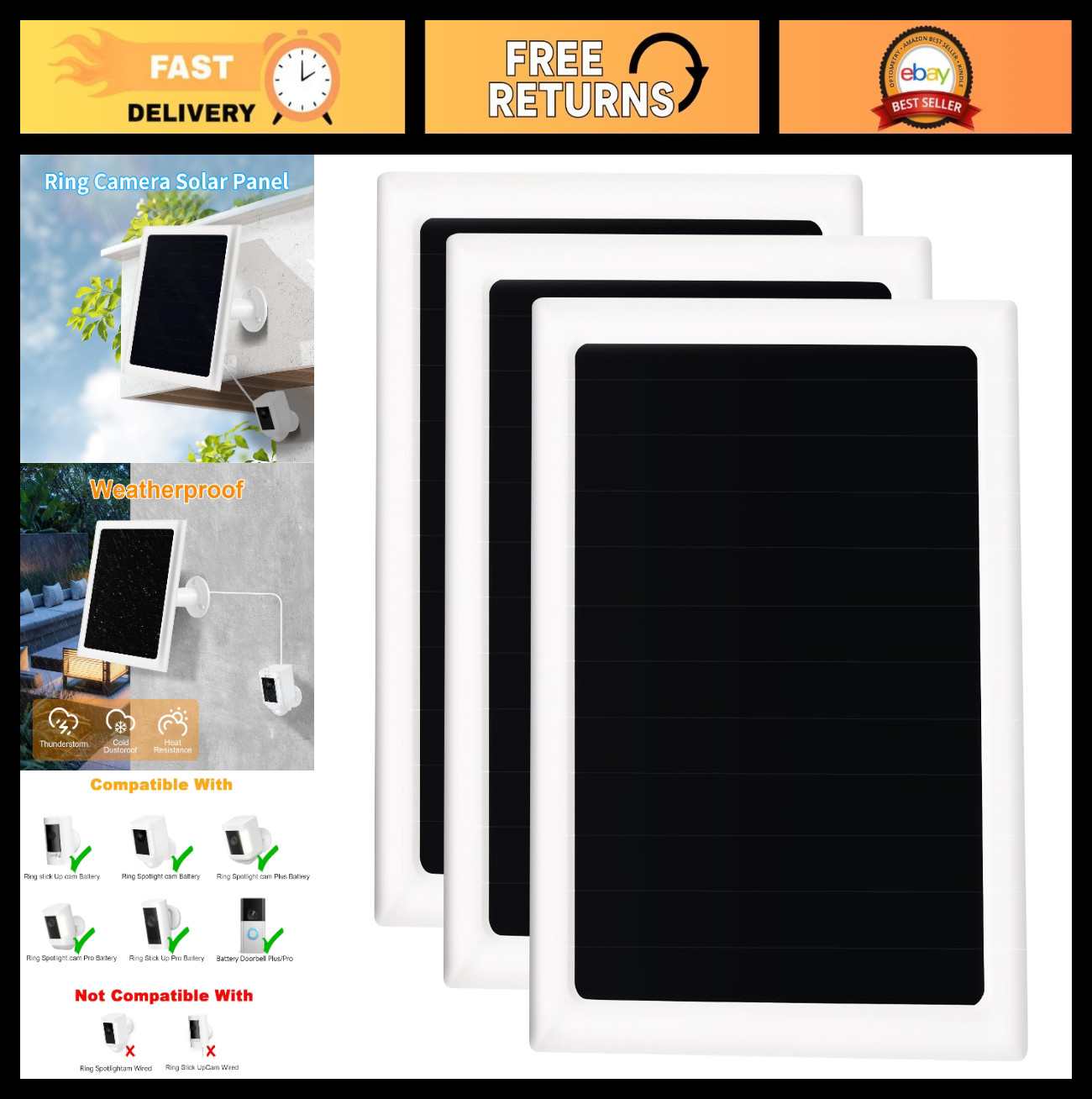 Solar Panel Charger for Ring Cameras – Waterproof 6W 5V, 3-Pack, Compatible with