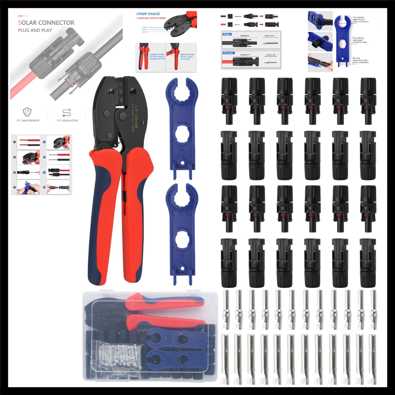 Solar Crimping Tool Kit for 2.5/4/6mm²/10-14AWG, with 12 Pairs Male Female So…