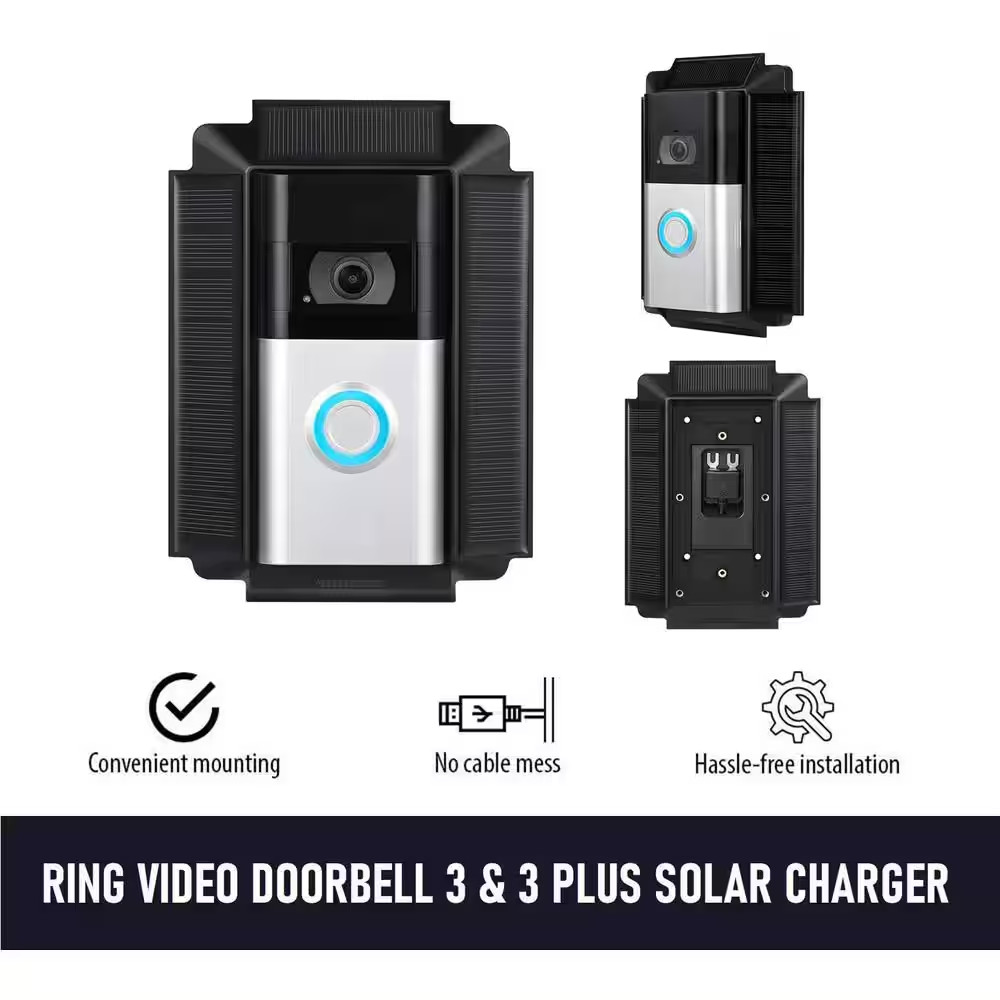 Black Solar Charger Mount for Ring Video Doorbell 3, 3 Plus, 4, Battery Doorbell