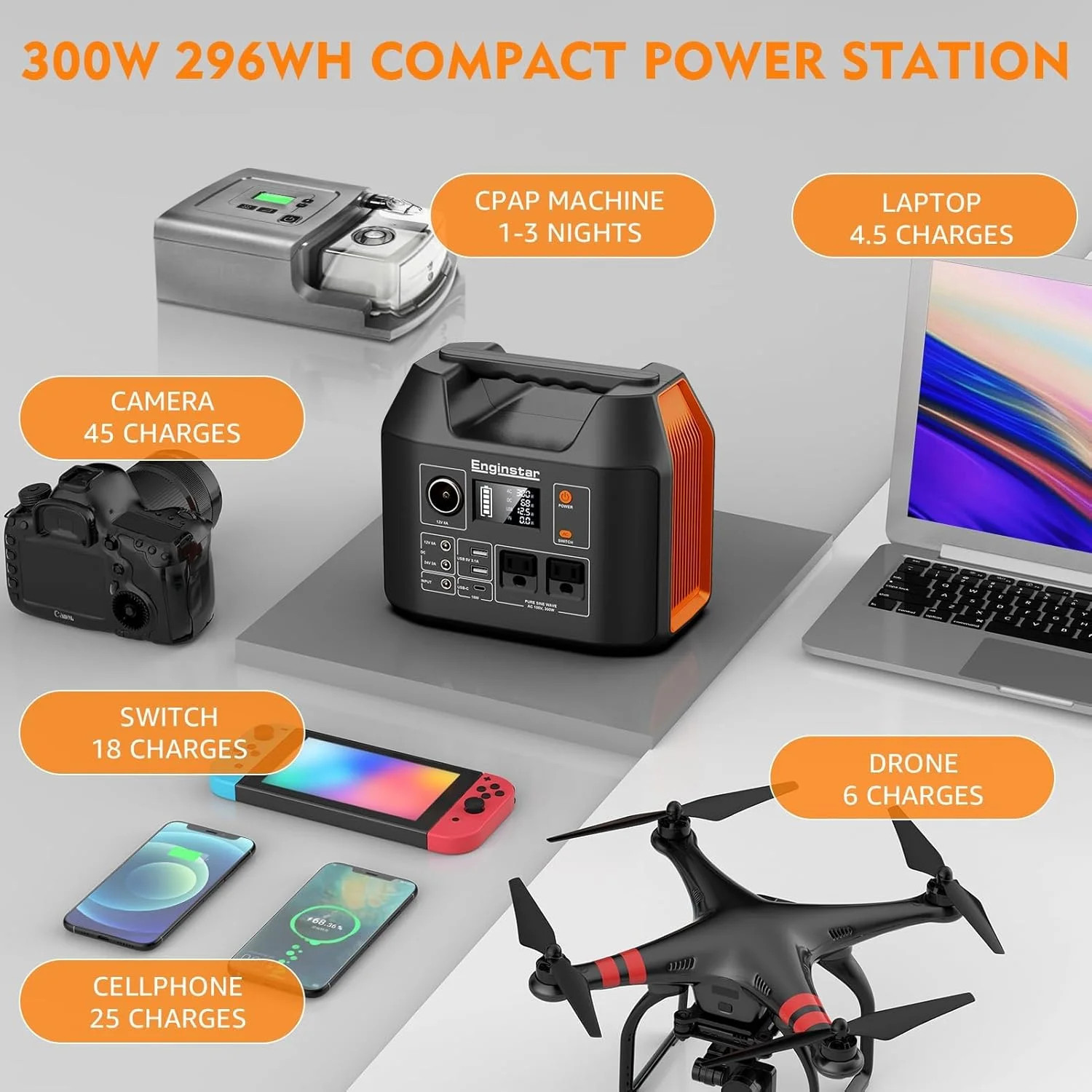 EnginStar Portable Power Station 300W 296Wh Battery Bank with 110V Pure Sine Wav