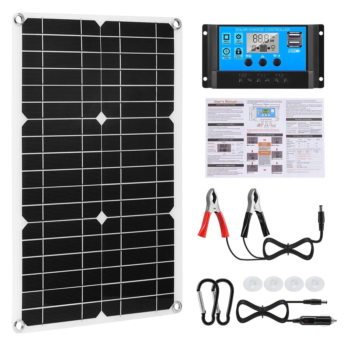 20W Solar Panel 12V Trickle Charger Battery Charger Kit Maintainer Boat Car RV